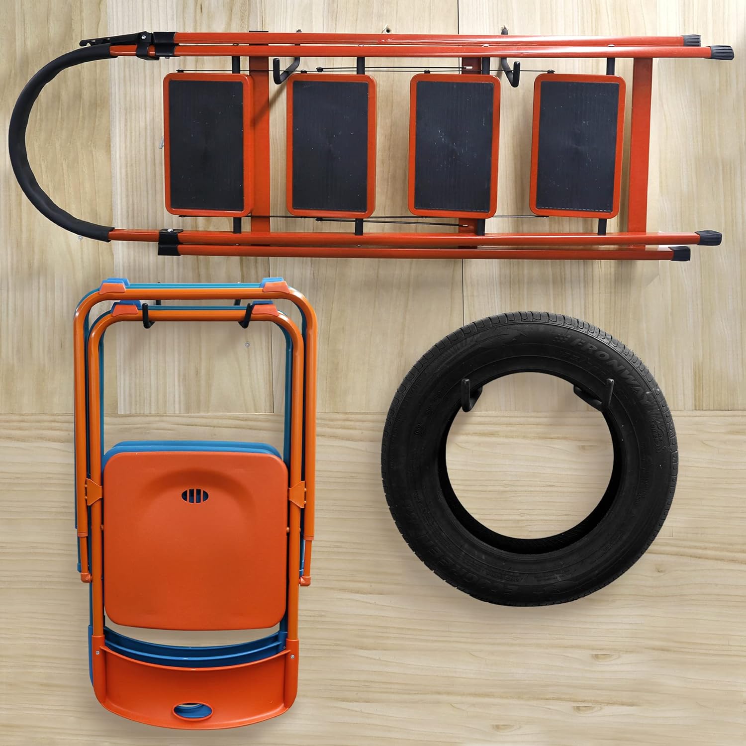 This image displays a variety of Huhole-branded garage storage solutions, including a wall-mounted rack with four large hooks, an orange folding cart or dolly, and a large black tire or hose ring. The products are designed for organizing and storing items in a garage or workshop setting, rather than the pegboard hooks I had initially assumed.