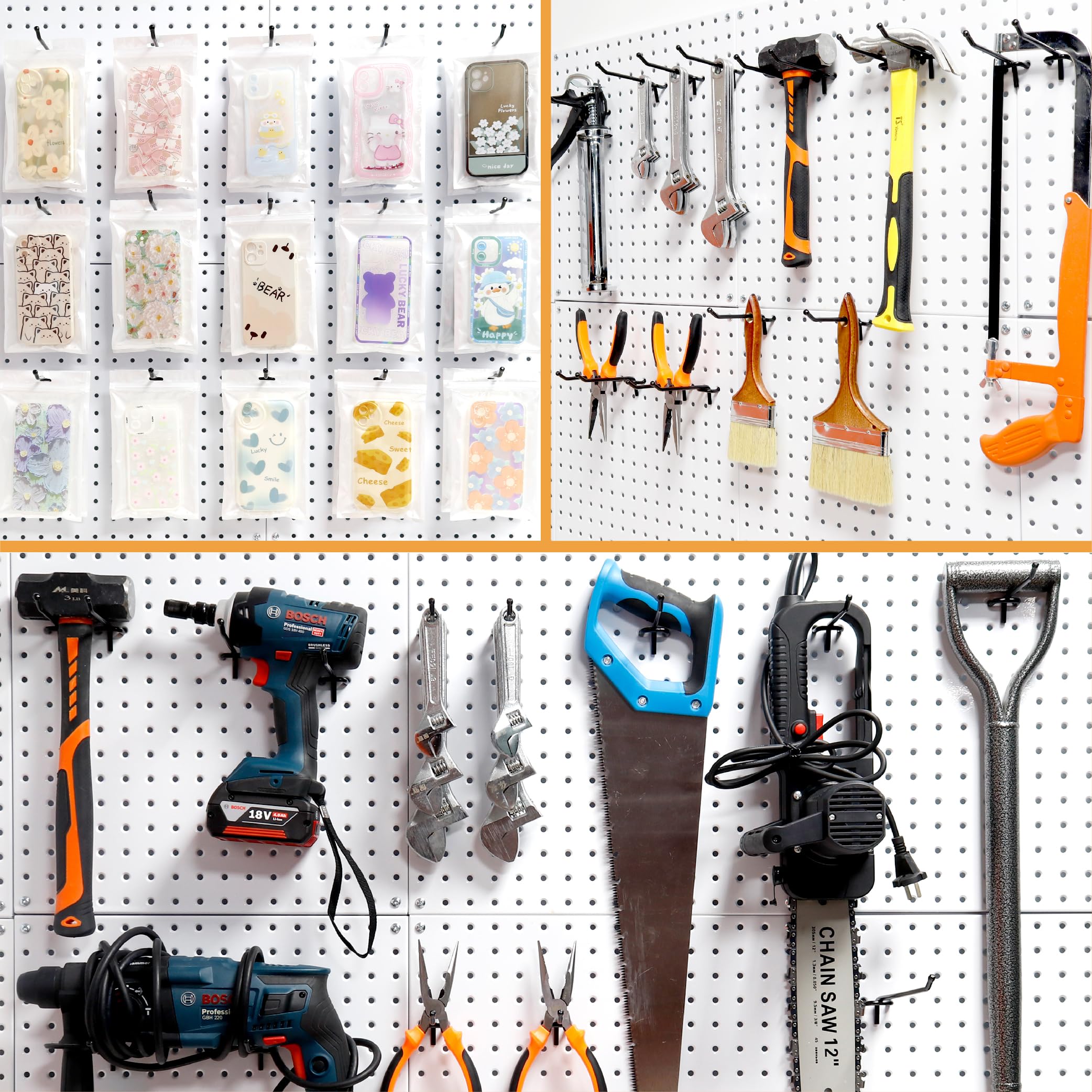 This image showcases Huhole's comprehensive garage storage system, featuring a well-organized pegboard wall display with a variety of pegboard hooks, pouches, and other accessories. The image also includes power tools and hand tools, highlighting Huhole's ability to provide a complete storage solution for the garage or workshop environment. The neatly arranged and diverse product offerings demonstrate Huhole's commitment to helping users maximize space and organize their tools and equipment effectively.