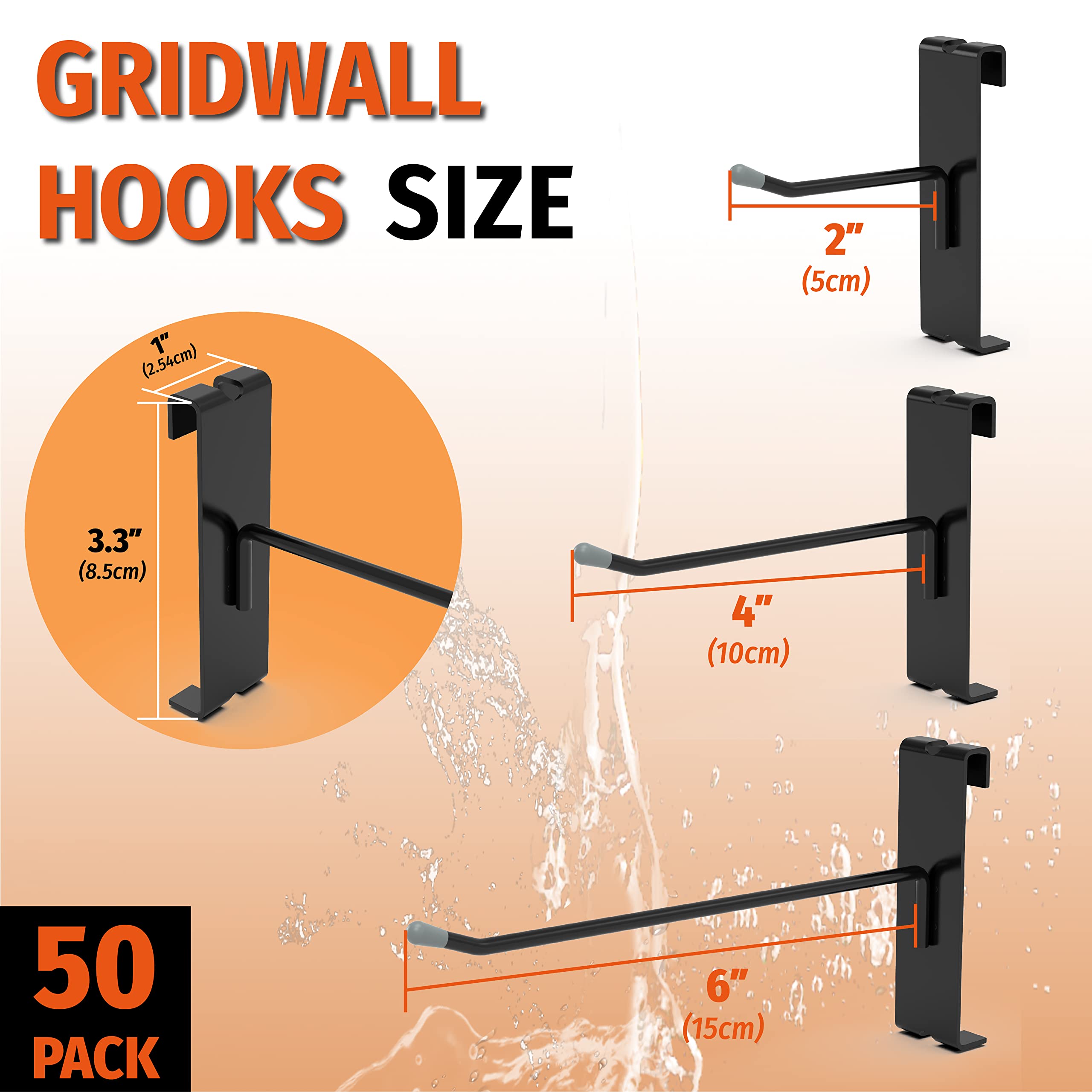 This image showcases the available size options for Huhole's gridwall hooks. The key information provided includes:  Gridwall Hook Sizes: 3.3" (84mm) length 4" (102mm) length 6" (152mm) length Pack Size: 50 pack of gridwall hooks