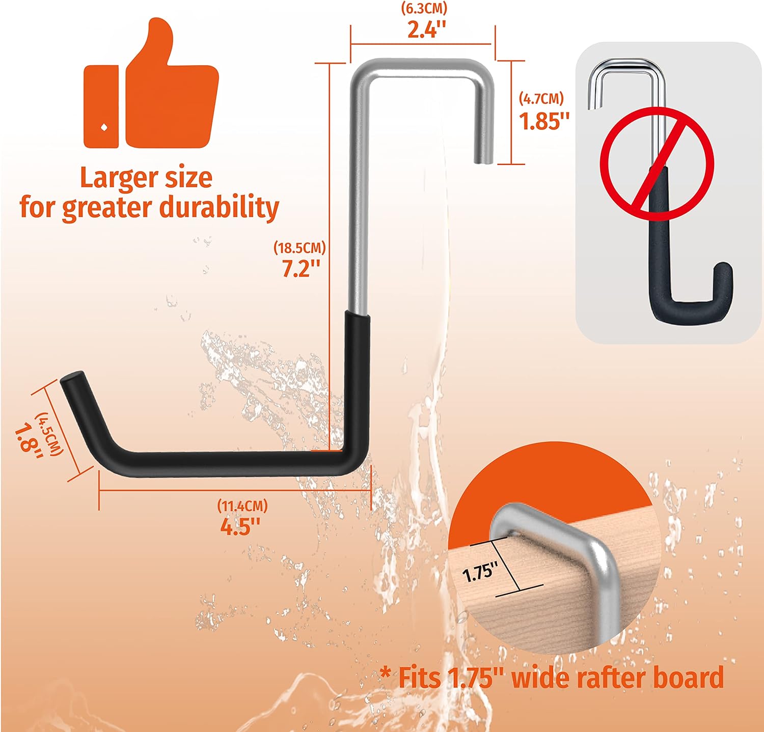 This image highlights the key features of Huhole's heavy-duty rafter hooks, which are designed to provide secure overhead storage in garages, attics, and other spaces. The image showcases the larger hook size for greater durability, as well as the specific dimensions that allow the hooks to fit 1.75-inch wide rafter boards. 