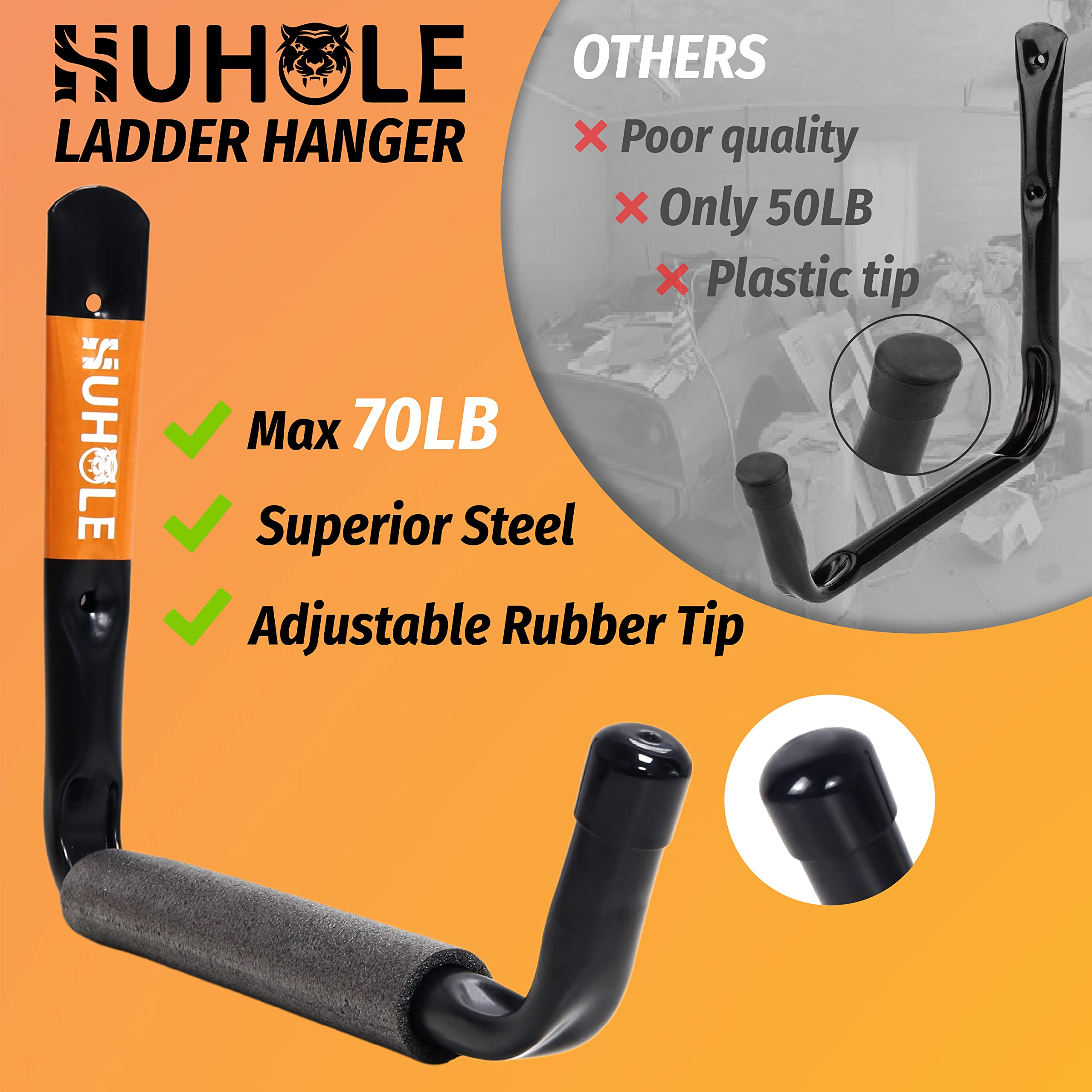 This image compares the features of the Huhole ladder hanger against other competing products. The Huhole ladder hanger is highlighted as having a maximum load capacity of 70LB, superior steel construction, and an adjustable rubber tip - features that are contrasted with the "poor quality", "only 50LB", and "plastic tip" characteristics of other ladder hangers on the market. The visual comparison helps showcase the Huhole product's key advantages and quality.