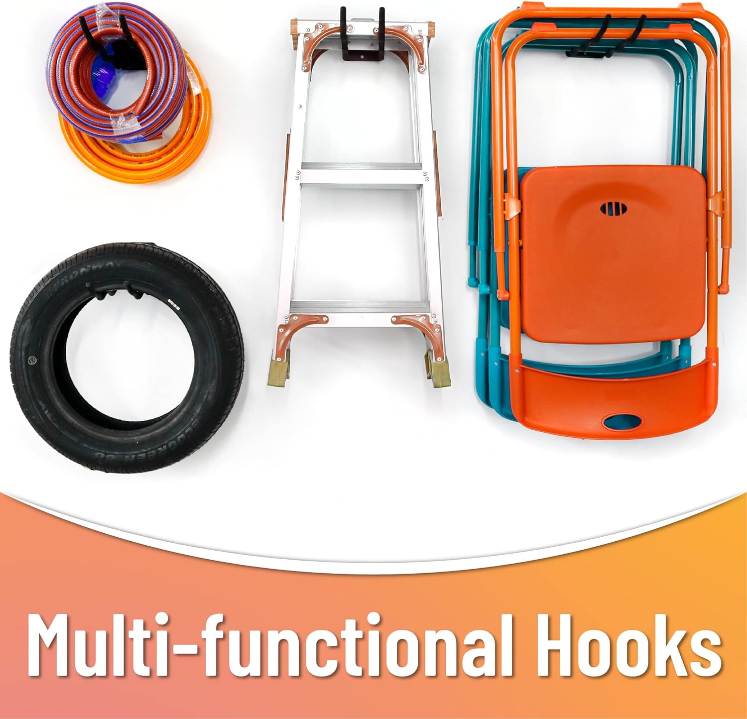 This image showcases a variety of Huhole products, including their multi-functional pegboard hooks, as well as other accessories like hoses, cords, and a folding stool. The image highlights the diverse product range offered by Huhole, emphasizing the versatility and functionality of their storage and organizational solutions.