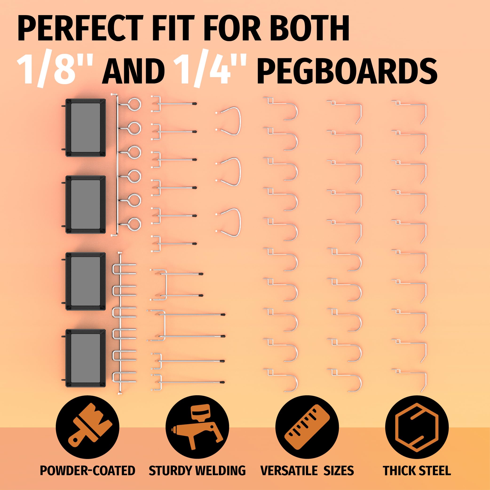 This image highlights the versatility of the Huhole pegboard system, emphasizing its ability to fit both 1/8-inch and 1/4-inch pegboards.