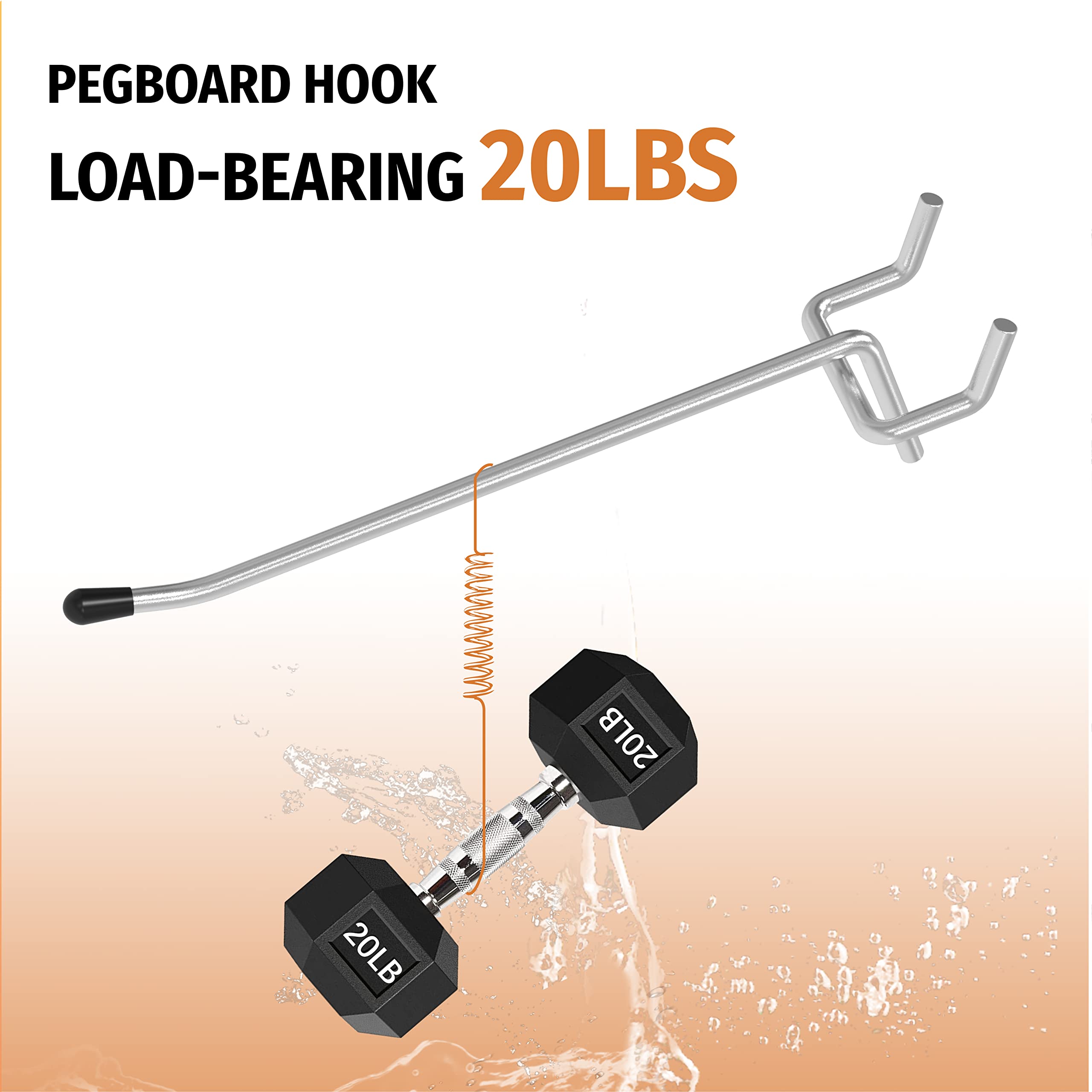 This image showcases the load-bearing capacity of Huhole's pegboard hooks, which are rated to support up to 40 pounds. The image depicts a set of weight plates on the end of the pegboard hooks, demonstrating their robust construction and ability to safely hold heavy loads. 