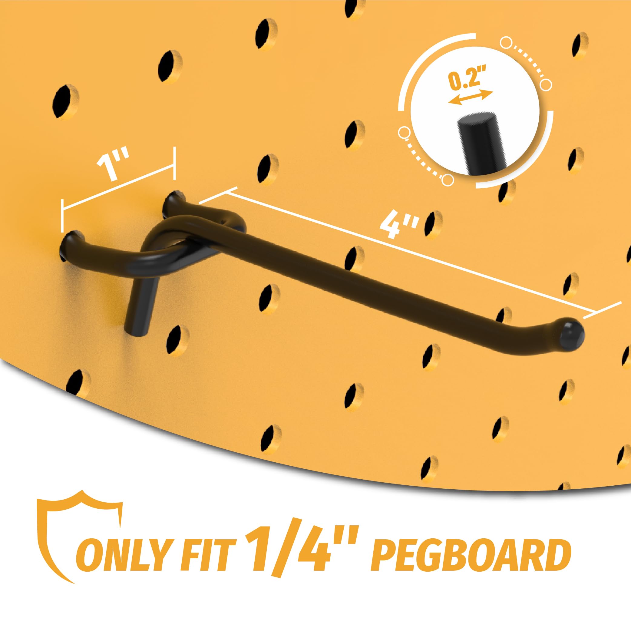 This image showcases a Huhole pegboard hook and highlights its specific design for 1/4-inch thick pegboards. The hook is shown in detail, with measurements indicating its 4-inch length and 1/4-inch fit for the pegboard. This information emphasizes the specialized nature of Huhole's hooks, ensuring they are compatible with the common 1/4-inch pegboard standard. 