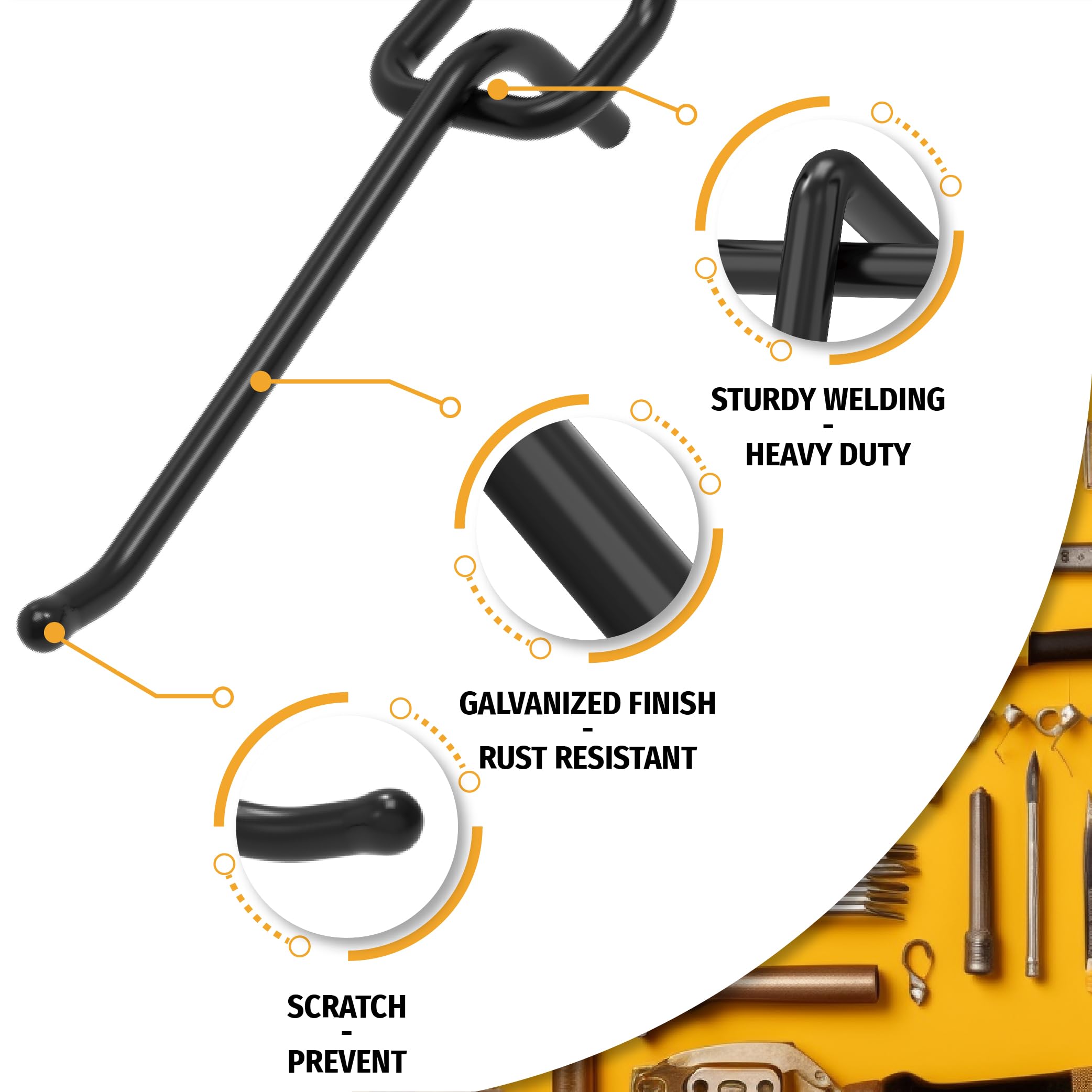 This image showcases the key features of Huhole's pegboard hooks, highlighting their sturdy construction and heavy-duty capabilities. The hooks are depicted with callouts emphasizing their galvanized finish for rust resistance, thick steel for heavy-duty support, and scratch-prevent design. 