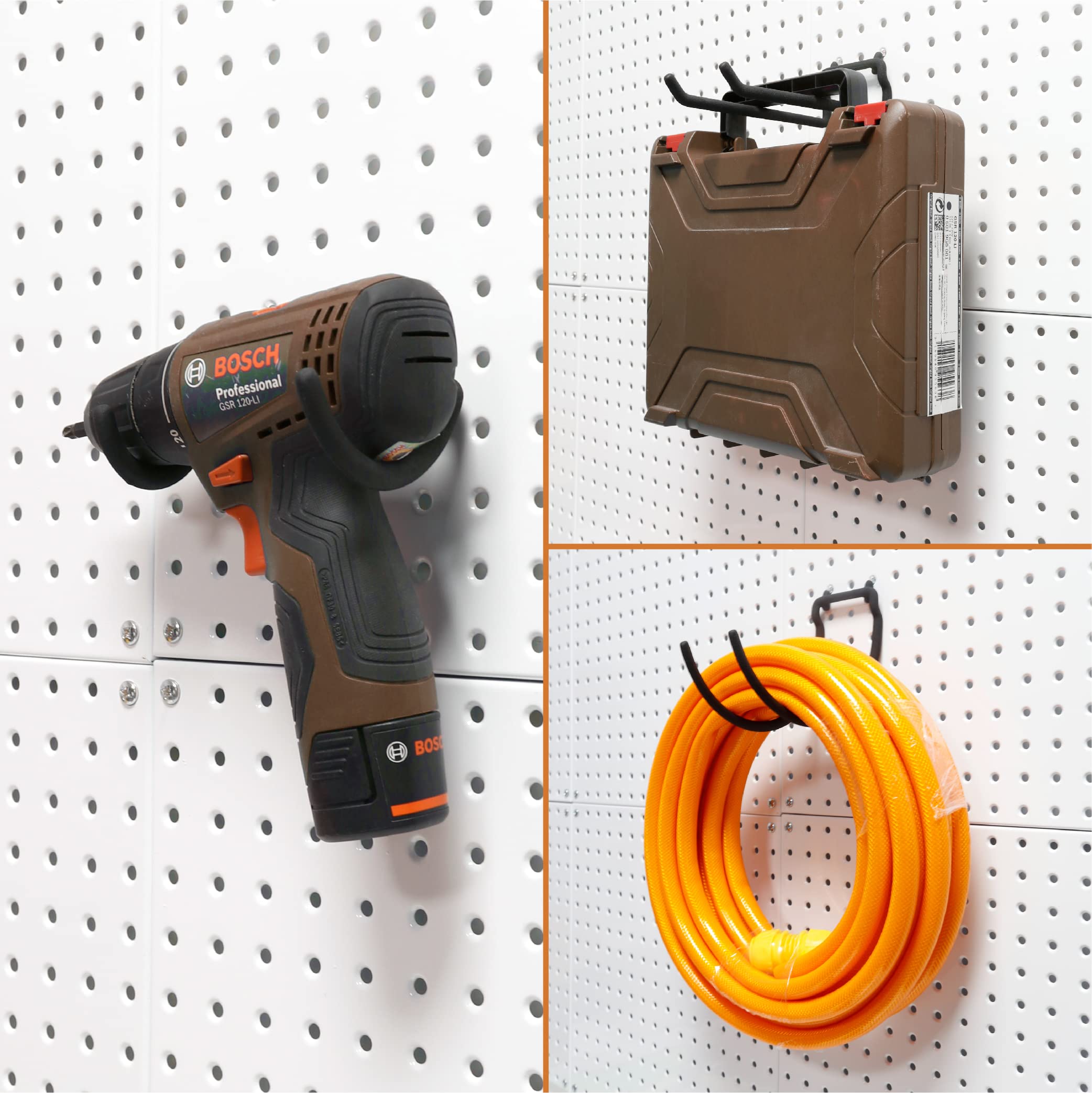 This image shows Huhole pegboard hooks being used to store and organize various shop items. A power drill is hung on one hook, while a tool case and an orange extension cord are hung on the other hooks. The Huhole branding is clearly visible on the hooks.  分享