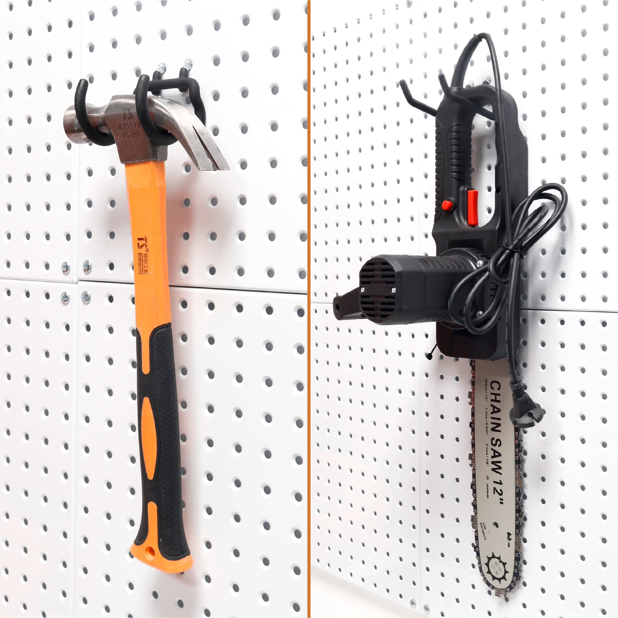 This image shows two Huhole pegboard hooks mounted on a pegboard, with tools hanging from them. One hook is holding a hammer, while the other is holding a power saw. The Huhole branding is clearly visible on the hooks.