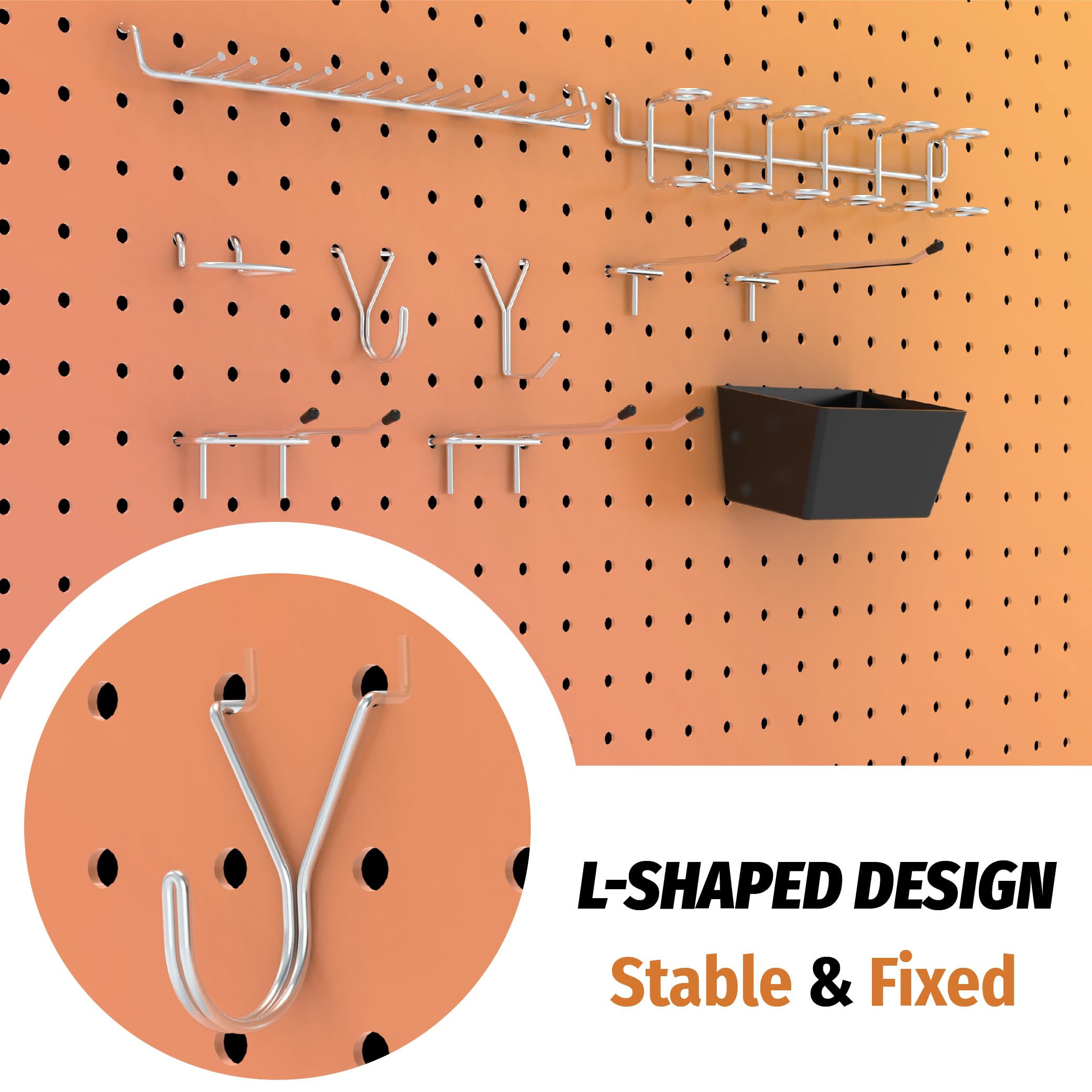 This image focuses on the unique L-shaped design of the Huhole pegboard system, emphasizing its stability and fixed positioning capabilities.