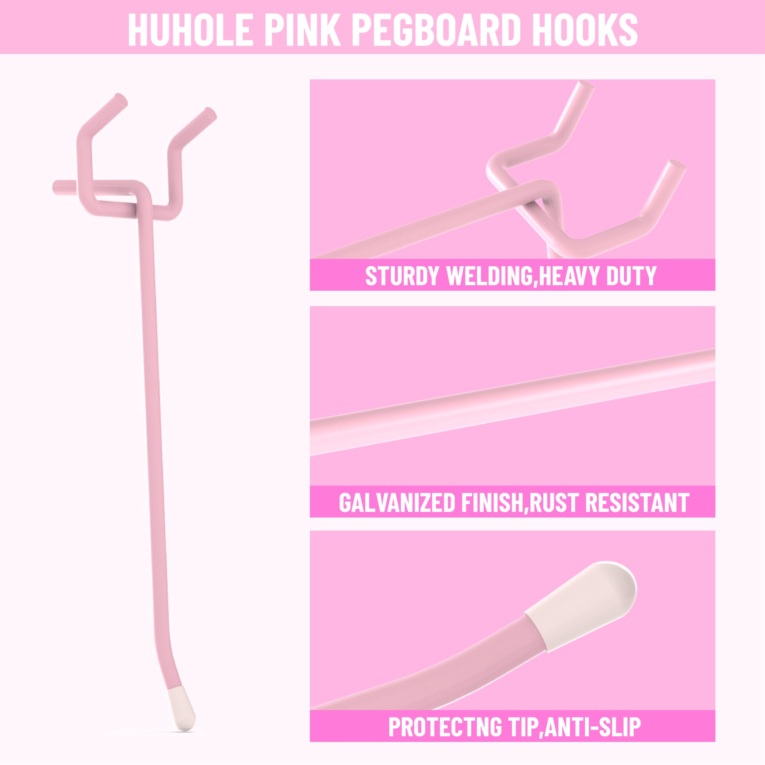 This image compares the features of "HUHOLE" pink pegboard hooks against generic alternatives. It highlights the HUHOLE hooks' key advantages, including sturdy welding for heavy-duty use, a galvanized finish for rust resistance, and a protective tip design for anti-slip performance.