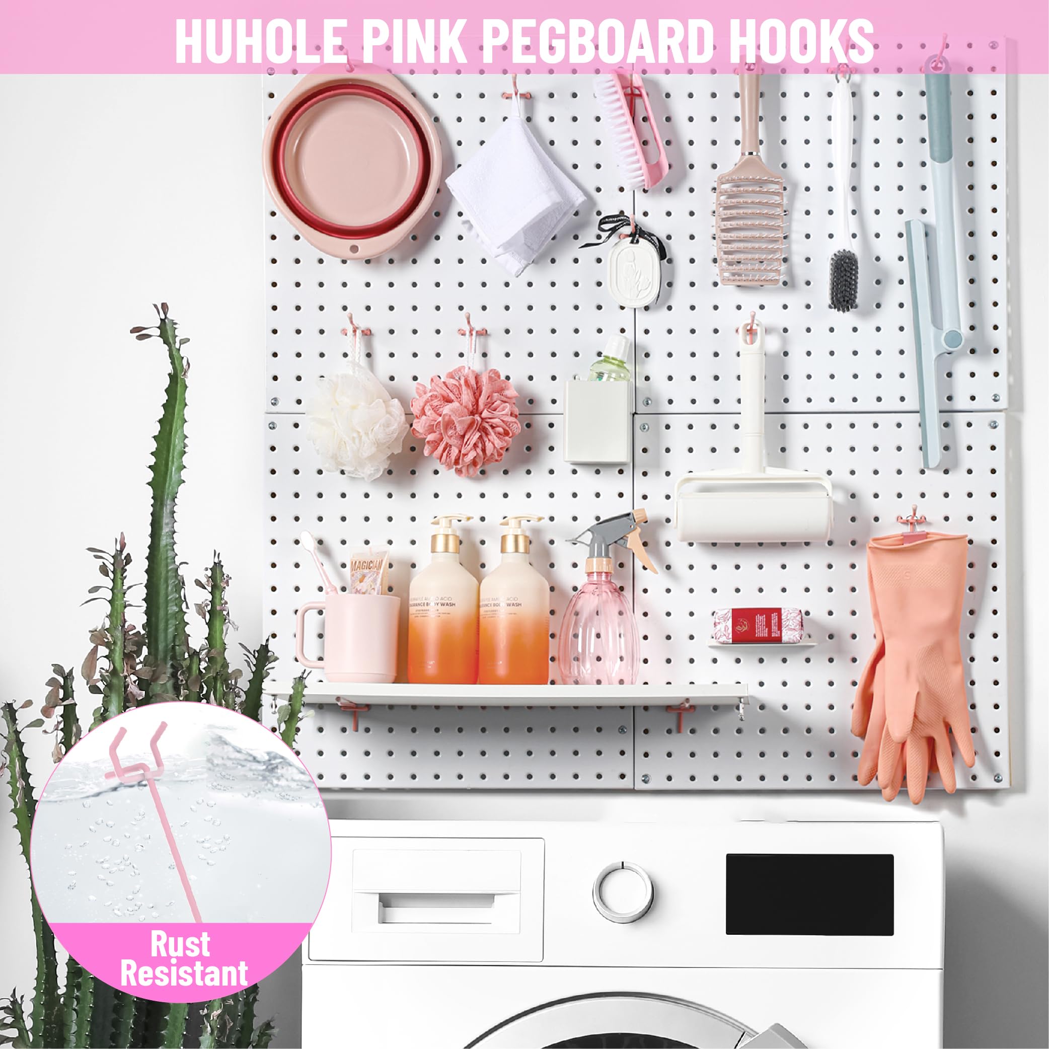 This image depicts a pegboard display featuring a variety of pink-colored storage accessories and organizational items. The pegboard is labeled "HUHOLE PINK PEGBOARD HOOKS" and highlights that the hooks are rust-resistant. The pegboard is filled with a range of items, including containers, baskets, and other storage solutions, all in a cohesive pink color scheme.