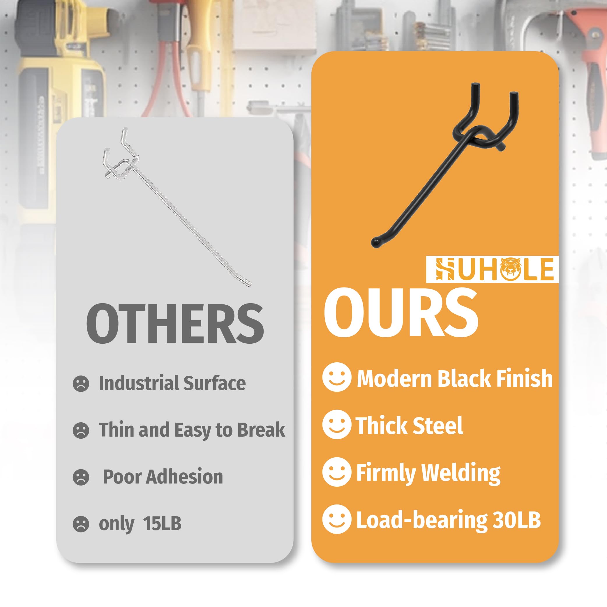 This image presents a side-by-side comparison of Huhole's heavy-duty rafter hooks and a generic "Others" product. The Huhole hooks are highlighted for their superior features, including a modern black finish, thick steel construction, firm welding, and a 30lb load-bearing capacity. In contrast, the "Others" hooks are described as having an industrial surface, being thin and easy to break, with poor adhesion and a lower 15lb capacity. 