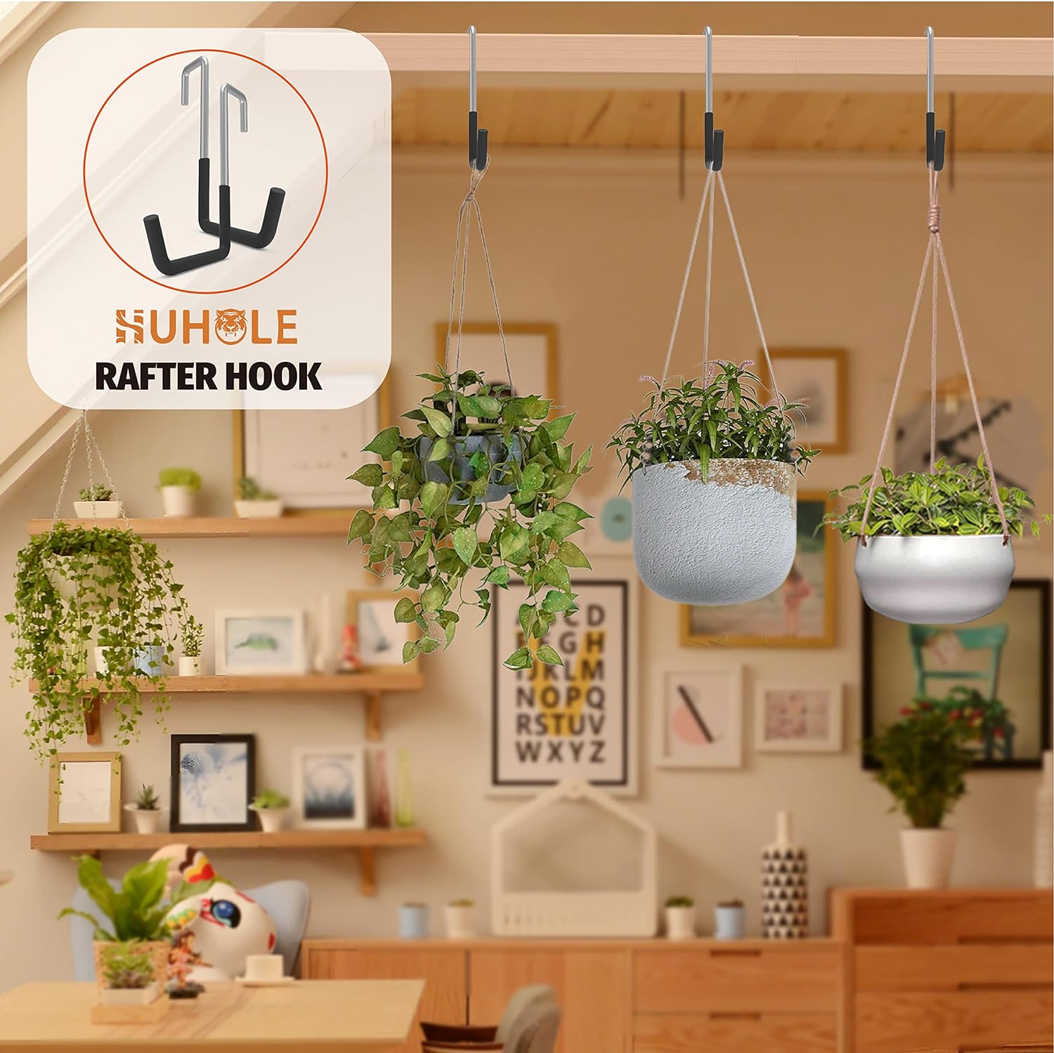 This image showcases Huhole's rafter hooks, which are designed to provide versatile overhead storage solutions for homes and offices. The hooks are displayed in a cozy, plant-filled interior setting, with potted plants and decor items hanging from the ceiling-mounted hooks. The Huhole branding is prominently featured, highlighting the company's focus on high-quality, functional storage products that can be integrated into various living and workspace environments.