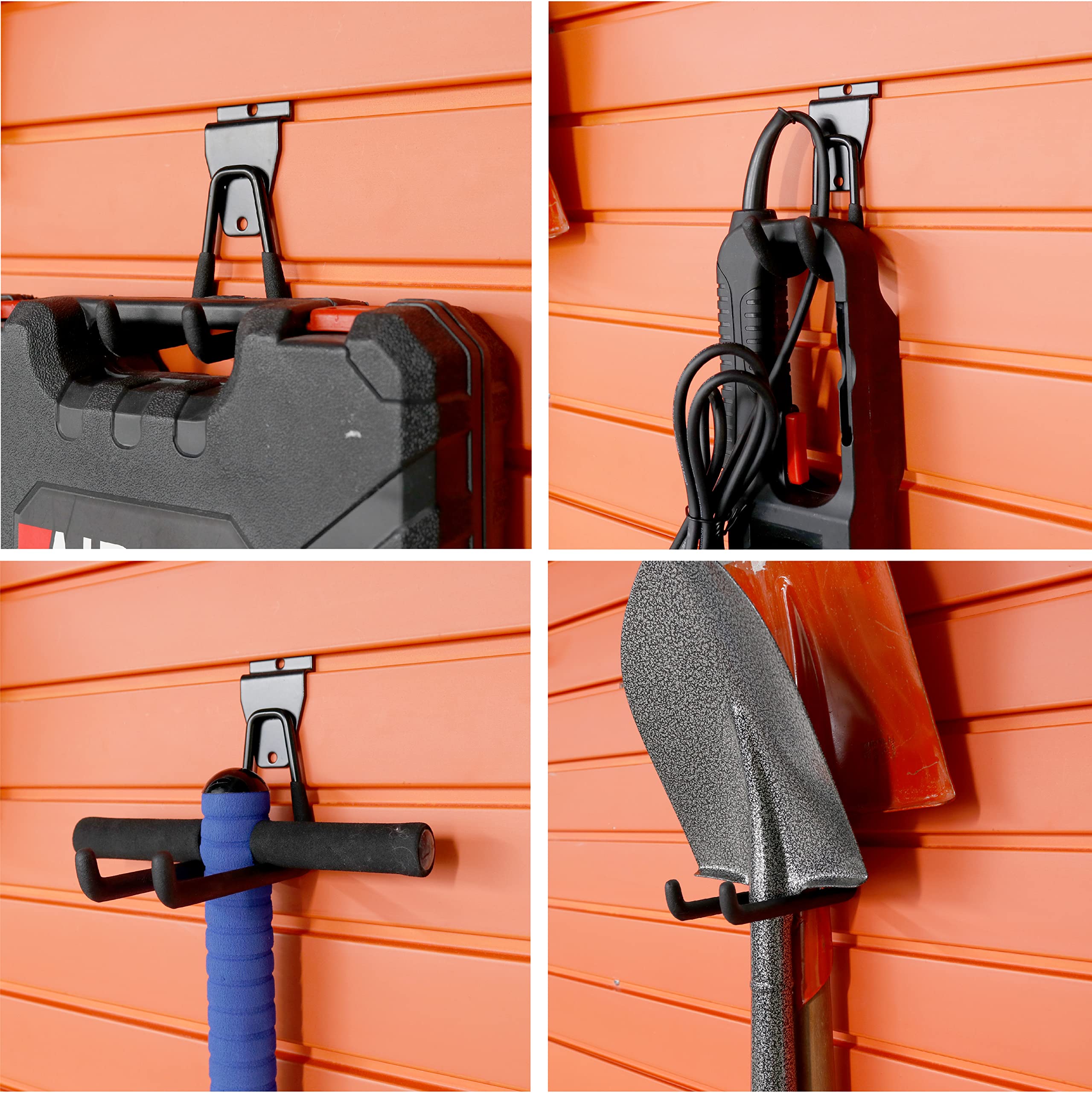 This set of images showcases the versatility and functionality of the Huhole-style slatwall hooks in various hanging applications.