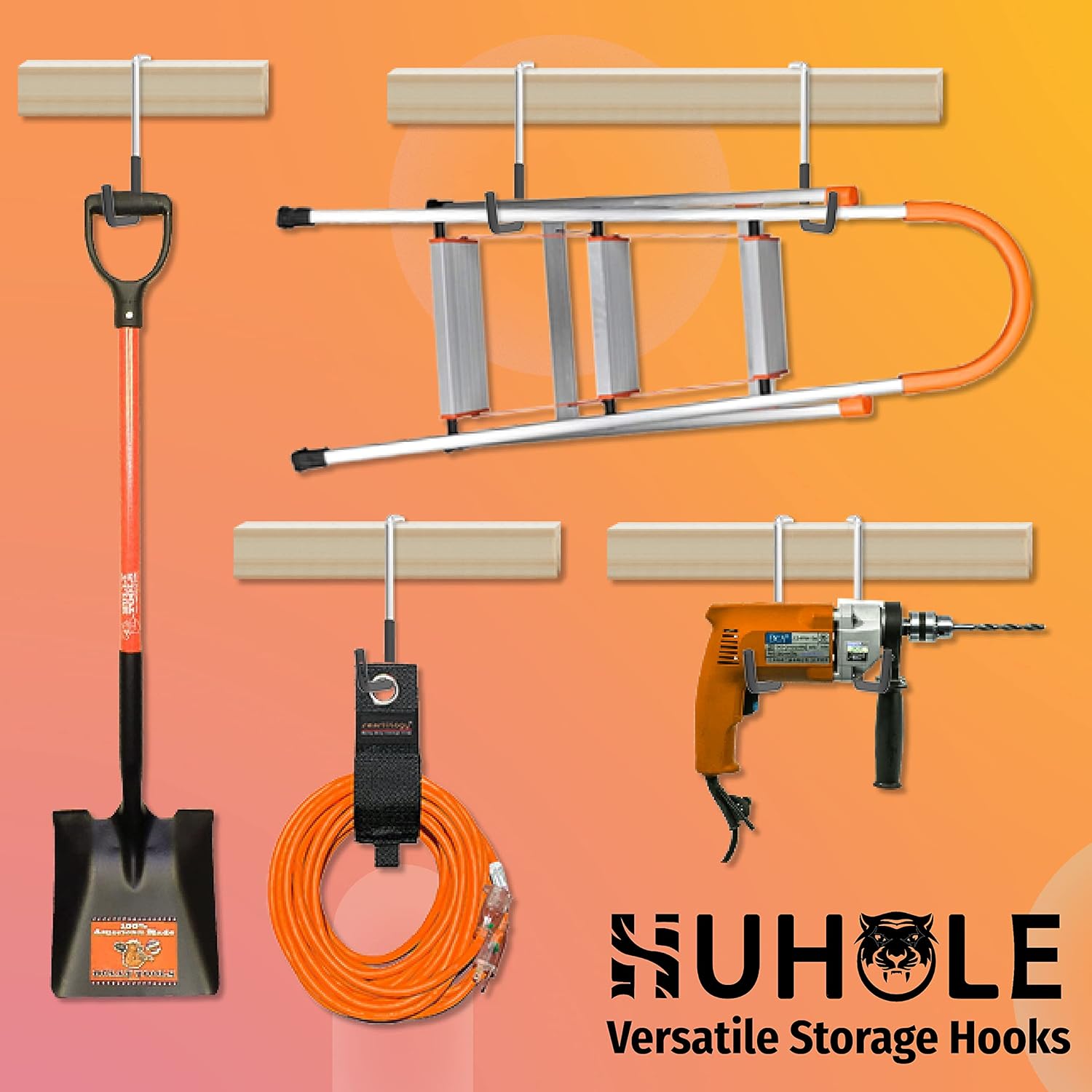 This image showcases a collection of Huhole's versatile storage hooks and accessories, including a ladder-style rack, a power tool, and a coiled orange hose. The Huhole branding is prominently featured, highlighting the company's focus on providing high-quality storage solutions for a variety of home and garage applications. 