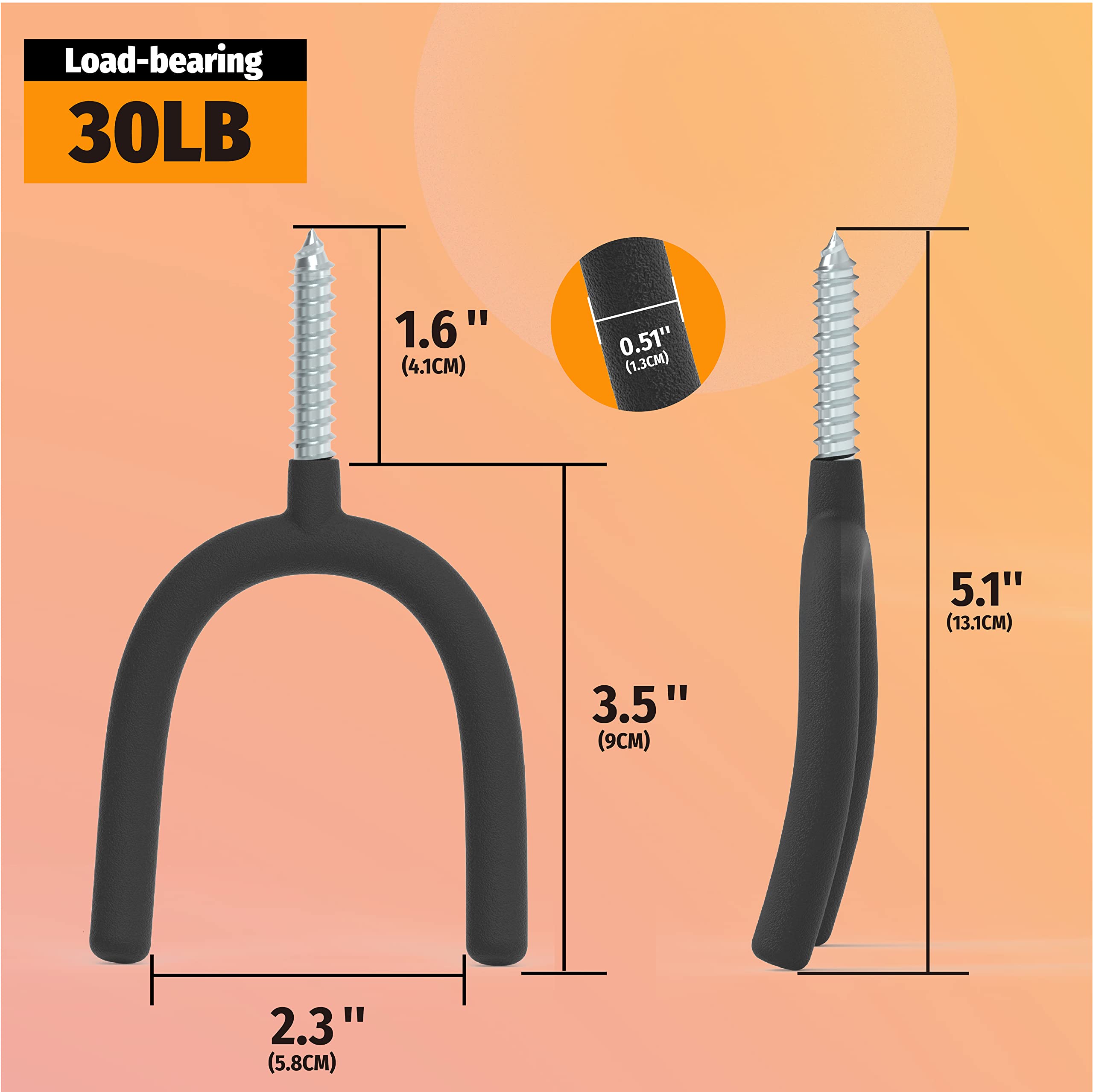 This image provides detailed dimensions and specifications for Huhole's pegboard hooks, highlighting their 30lb load-bearing capacity. The hooks are shown with key measurements, including a 5.1-inch length, 3.5-inch width, and 1.6-inch depth. 