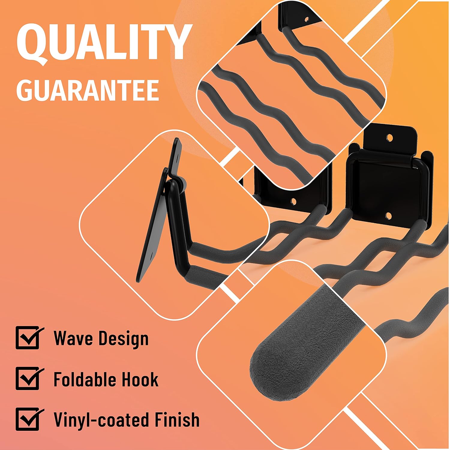 This image highlights the key quality features of Huhole pegboard hooks, including their wave design, foldable construction, and vinyl-coated finish. These product attributes are emphasized through checkmarks and text callouts, indicating Huhole's commitment to delivering high-quality pegboard storage solutions.