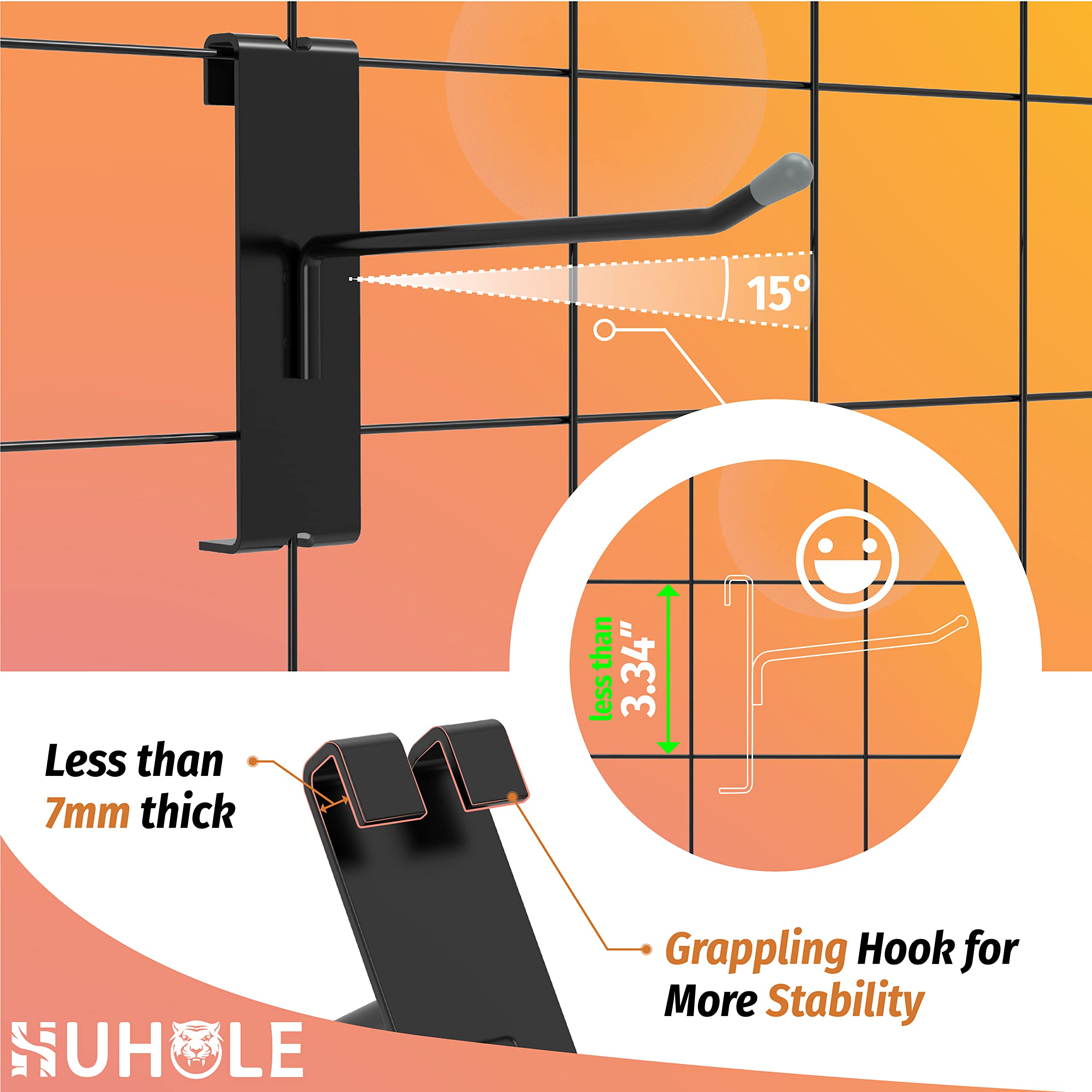 This image highlights the key features of Huhole's U-hooks, including:  15-Degree Angled Design, Less than 7mm Thick, Grappling Hook Shape , Plastic Protective Head 