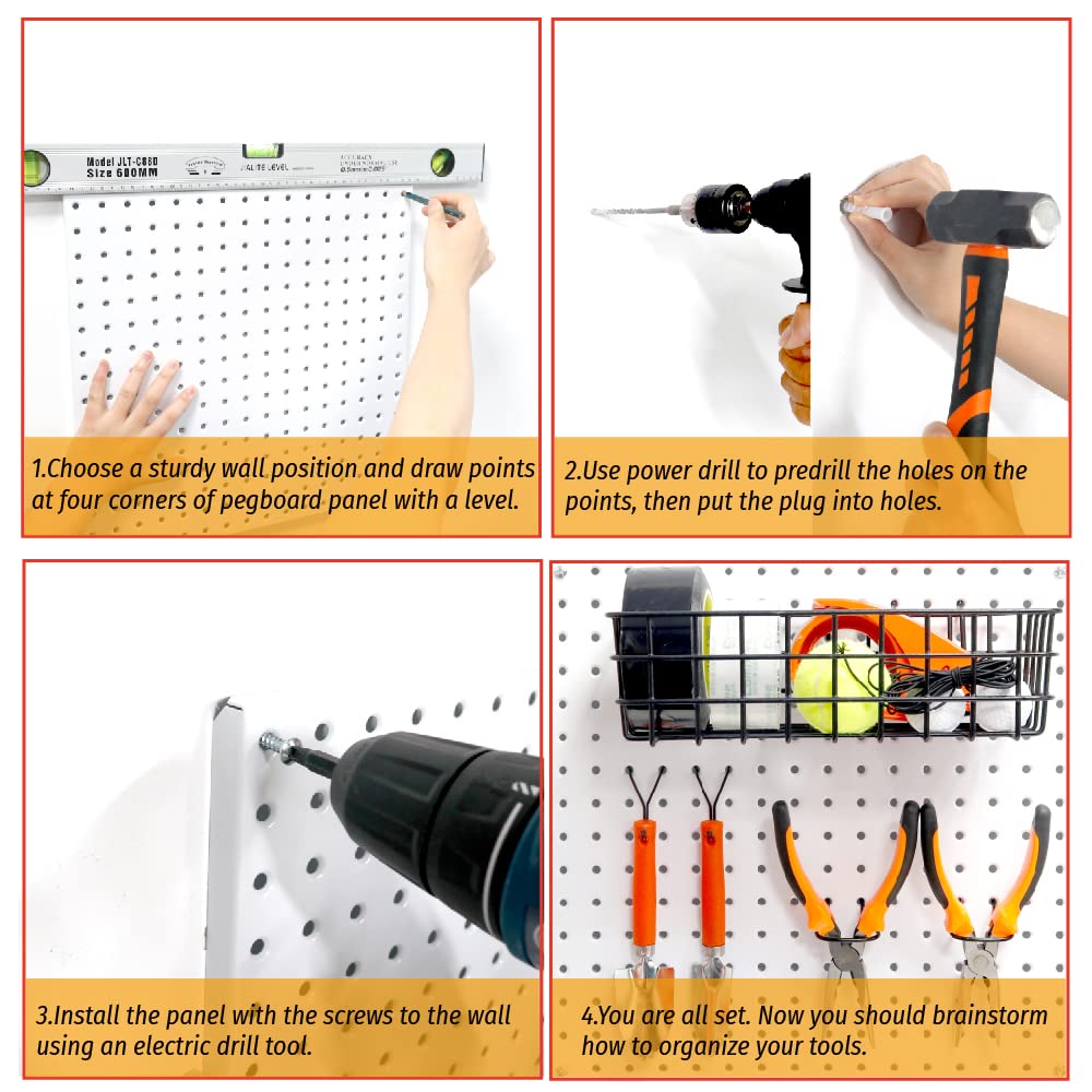 The images provide step-by-step instructions for installing the Huhole storage system on a pegboard. The key steps are:  Choose a sturdy wall position and use a level to align the pegboard. Use a power drill to pre-drill holes at the marked points on the pegboard. Secure the pegboard to the wall using the provided screws. Attach the Huhole hooks and hangers to the pegboard by inserting them into the pre-drilled holes.