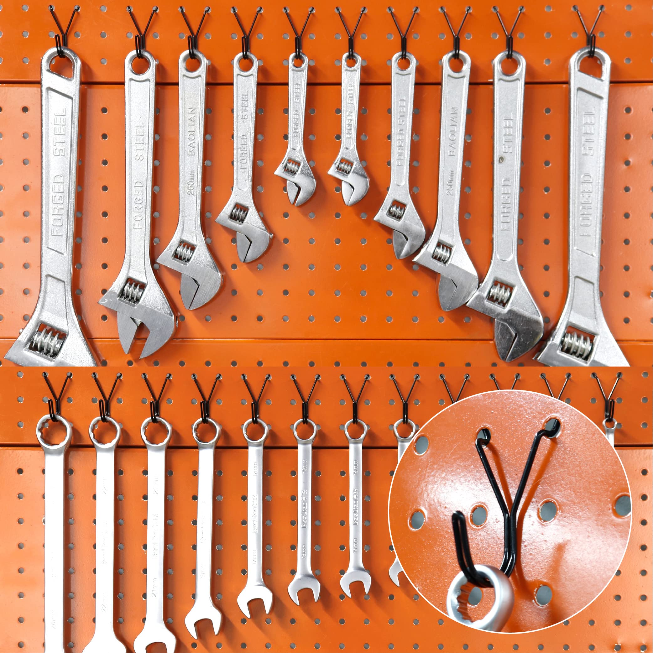 This image showcases an organized pegboard display of various wrenches and tools.