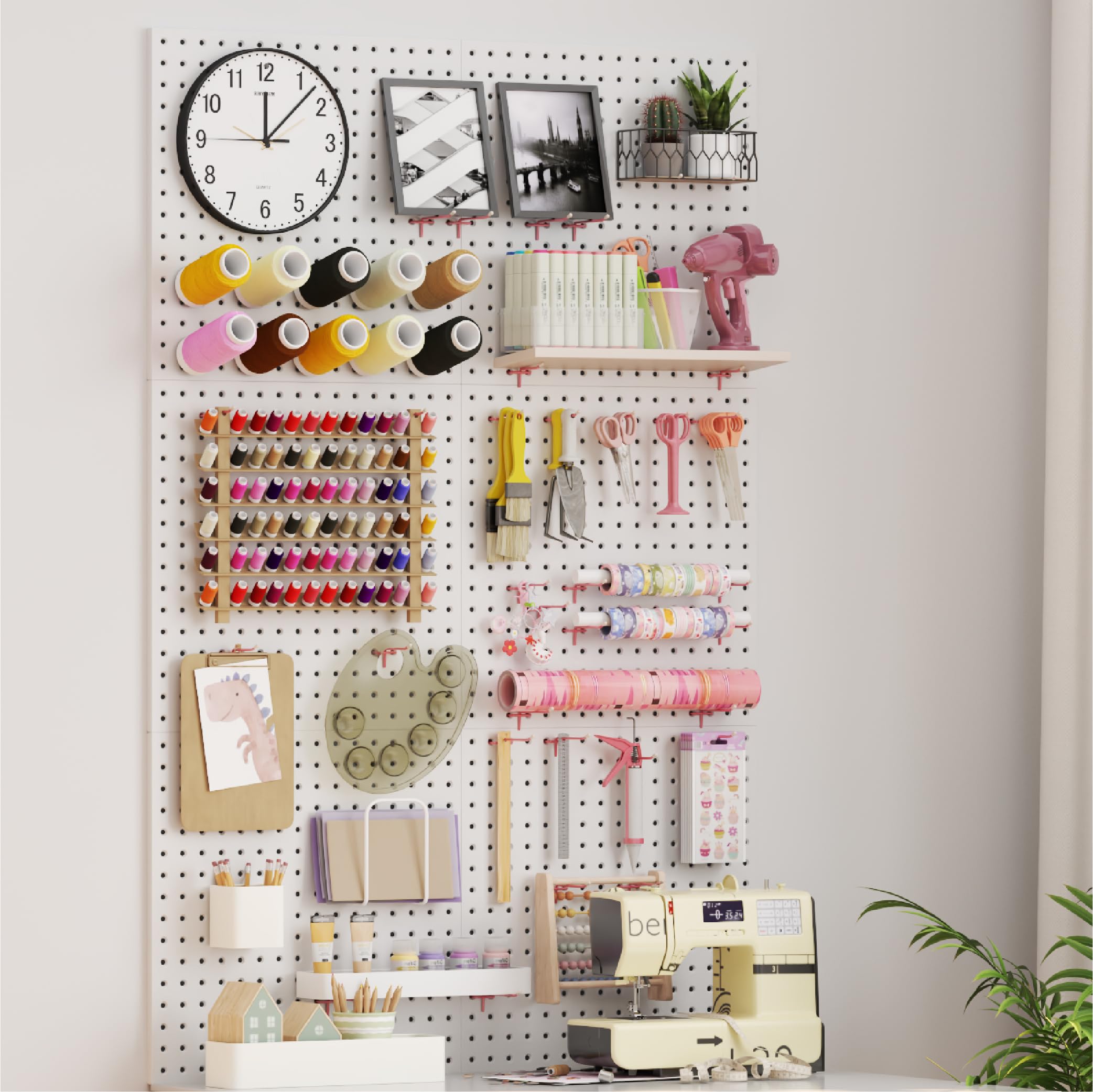 This image depicts a pegboard being utilized as an organized storage and display solution. The pegboard is filled with a variety of items, including tools, office supplies, decorative elements, and other accessories, all neatly arranged and showcased in a visually appealing manner.