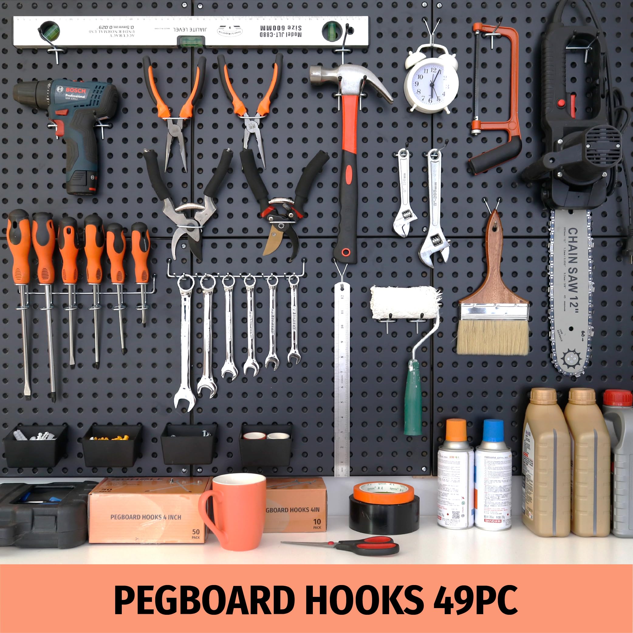 This image showcases a comprehensive pegboard hook set, featuring a wide variety of 49 different accessories and tools that can be neatly organized and displayed on a pegboard.