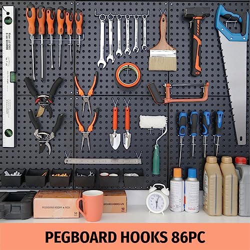 This image showcases a comprehensive pegboard hook set, featuring a wide variety of 86 different accessories and tools that can be neatly organized and displayed on a pegboard.