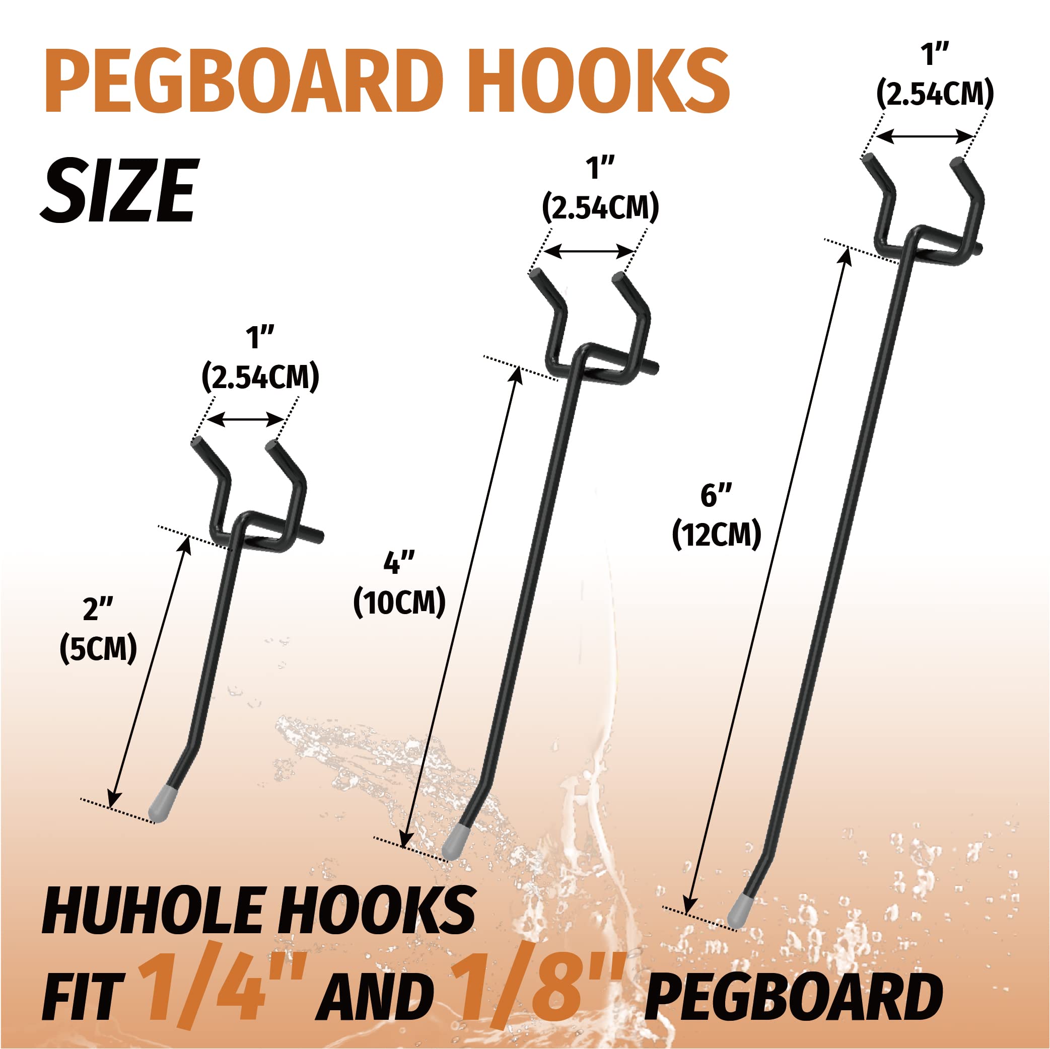 This image presents a size comparison of different pegboard hooks, including measurements in both inches and centimeters. It highlights that the "HUHOLE" hooks are designed to fit both 1/4" and 1/8" pegboards, providing versatility in their compatibility.