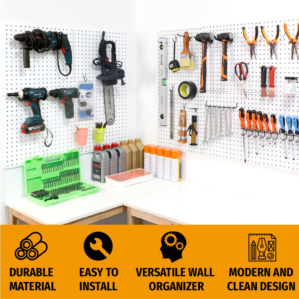 This image showcases the Huhole modular pegboard storage system in use, highlighting its versatility and ability to transform a workspace or workshop into a highly organized and efficient environment.