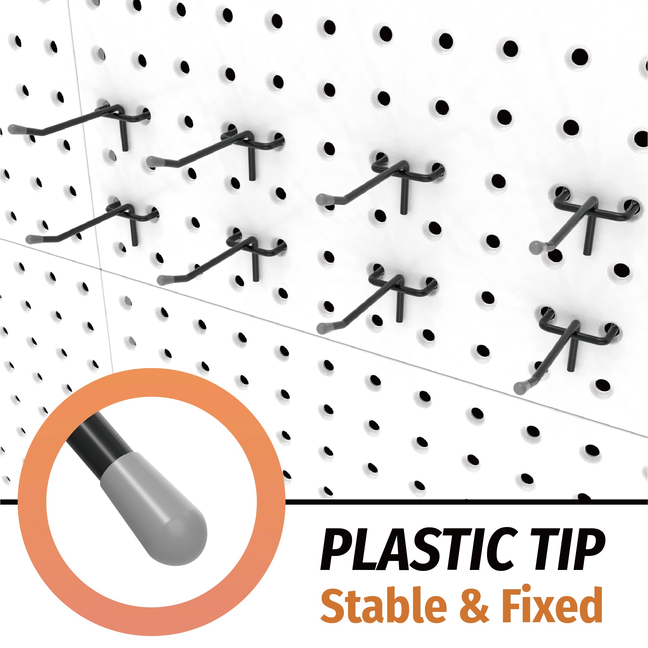 This image showcases a pegboard display featuring multiple rows of black pegboard hooks with a highlighted text label indicating the hooks have a "Plastic Tip" that is "Stable & Fixed".