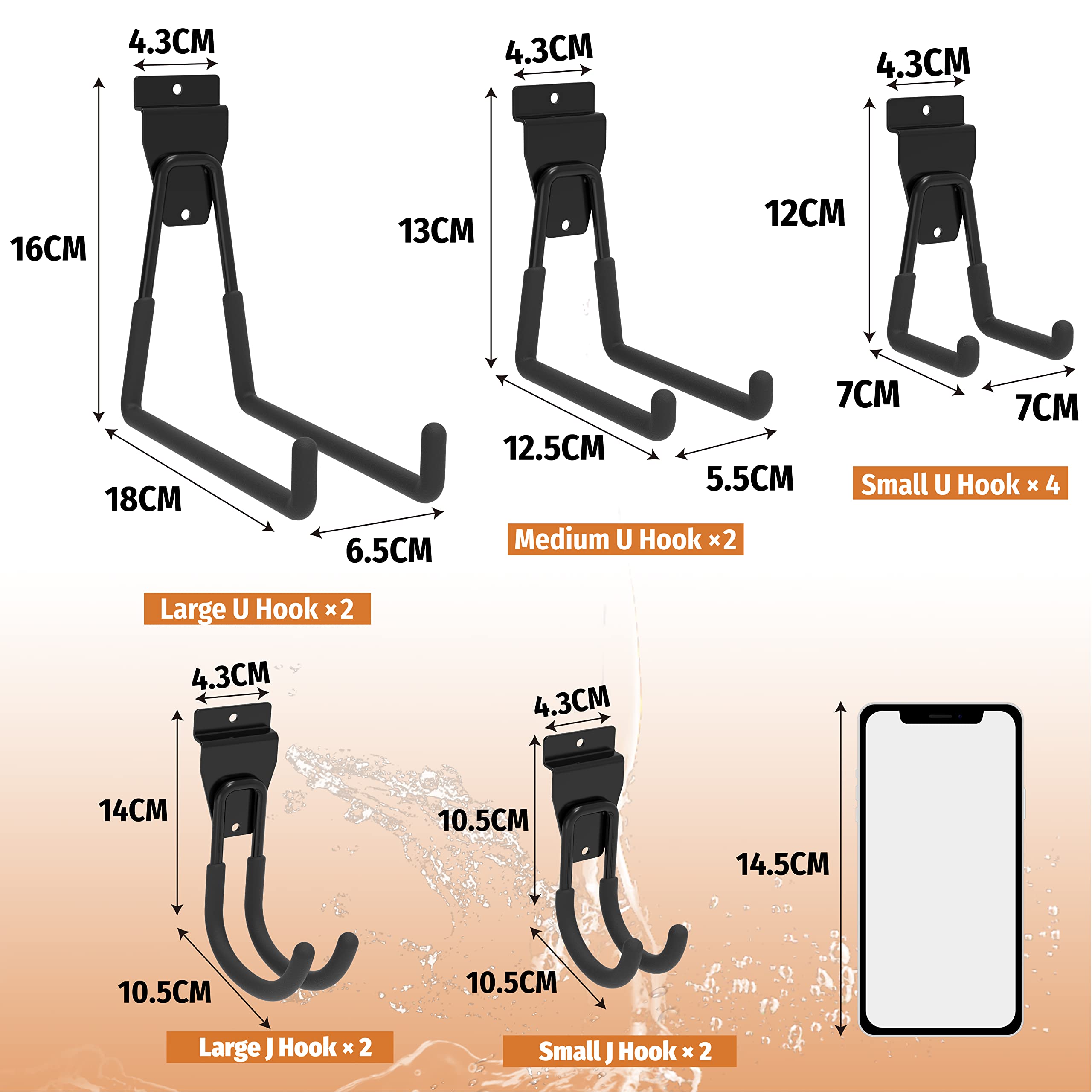 This image provides a detailed technical specifications and sizing guide for different models of Huhole-style pegboard hooks. The hooks are categorized into three main sizes - Large, Medium, and Small - and the dimensions for each size are clearly labeled.  For the Large U Hook, the key measurements are: Length: 16cm Depth: 18cm Width: 4.3cm  The Medium U Hook has dimensions of: Length: 13cm Depth: 12.5cm Width: 4.3cm  And the Small U Hook is sized at: Length: 12cm Depth: 7cm Width: 4.3cm