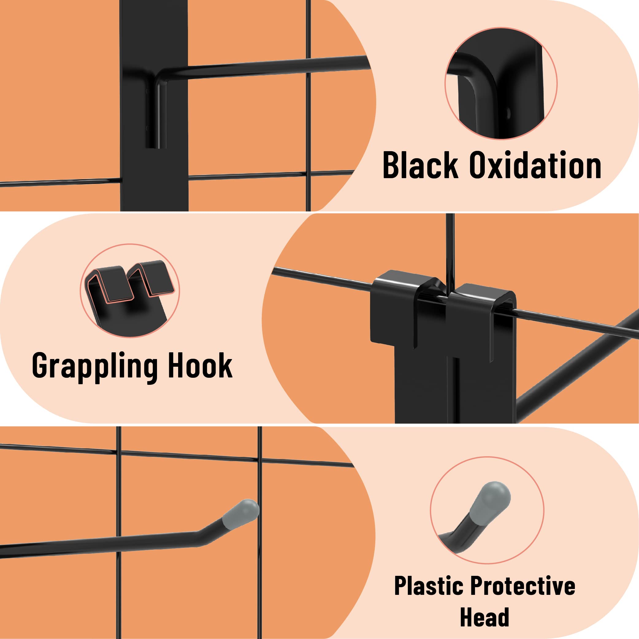 This image showcases the key features of a set of gridwall hooks, including a black oxidation finish, a grappling hook shape for secure hanging, and a plastic protective head to prevent damage. These hooks are designed to be used with pegboard or gridwall storage systems commonly found in garages, workshops, and retail environments, offering a versatile and durable solution for organizing and displaying various items.