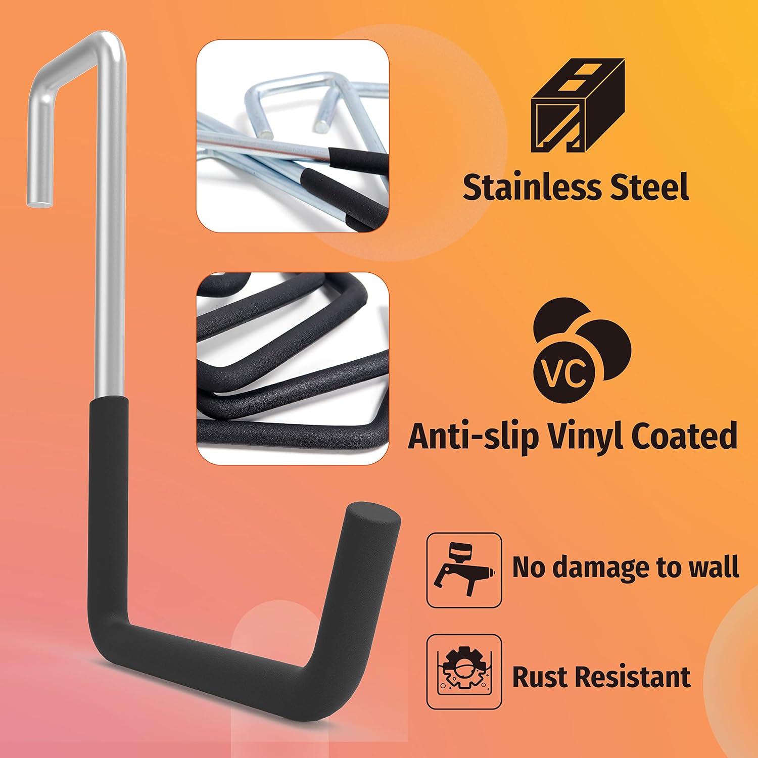 This image showcases Huhole's U-hooks, highlighting their key features. The hooks are made of stainless steel for durability, and have an anti-slip vinyl coating to provide a secure grip. The image also indicates that the hooks are rust-resistant and won't damage walls, making them a versatile storage solution.