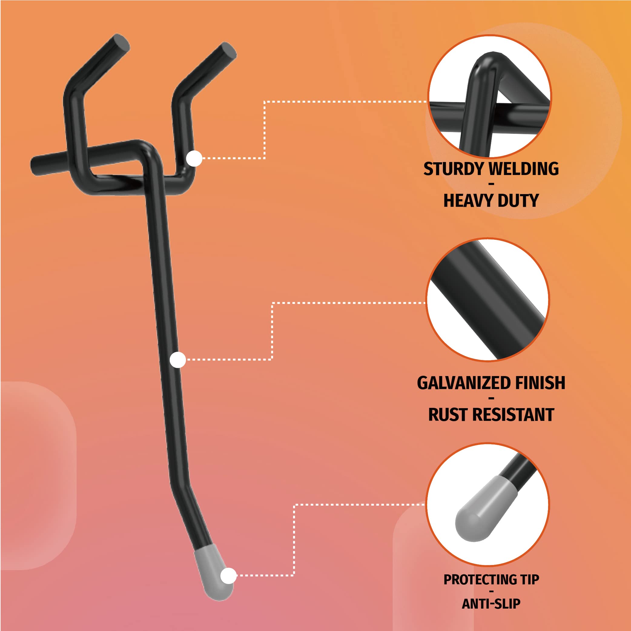 This image showcases the key features of a heavy-duty pegboard hook, including its sturdy welding construction, galvanized rust-resistant finish, and protective anti-slip tip. The details provided suggest this hook is designed for industrial or heavy-duty applications.