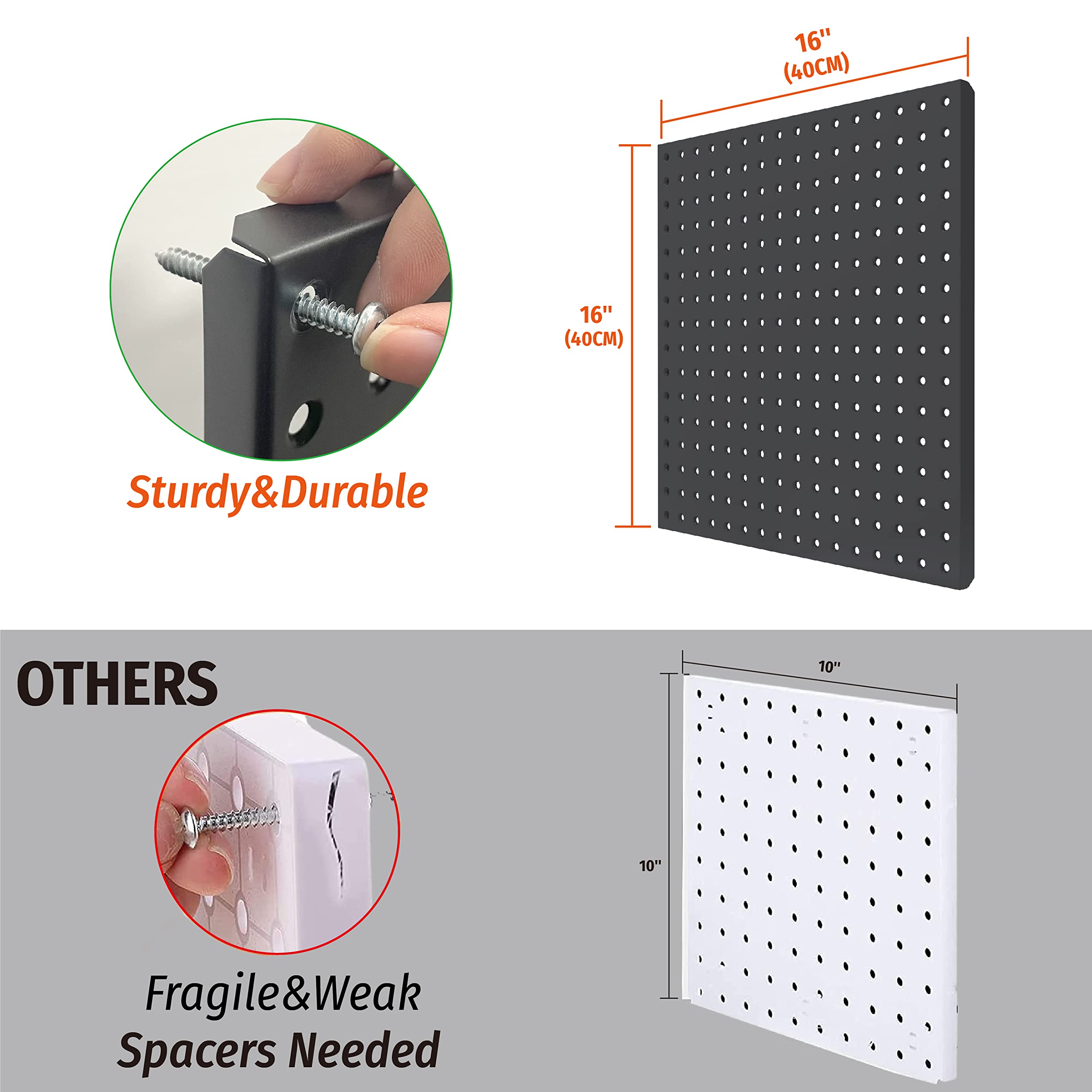 This image highlights the key advantages of the Huhole pegboard system compared to other options, focusing on its sturdy and durable construction that does not require the use of spacers.