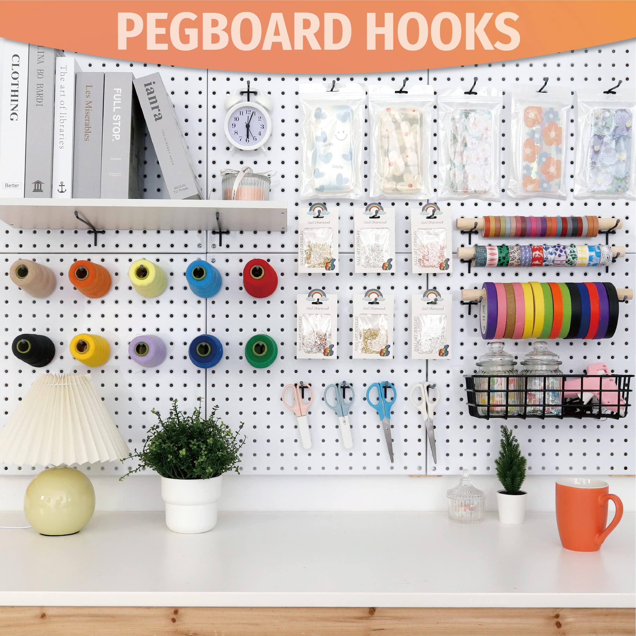 This image depicts a visually appealing and well-organized pegboard display. It showcases a variety of decorative and functional items arranged on the pegboard, including colorful spools, potted plants, a small lamp, and various pegboard accessories. The overall design is both stylish and functional.