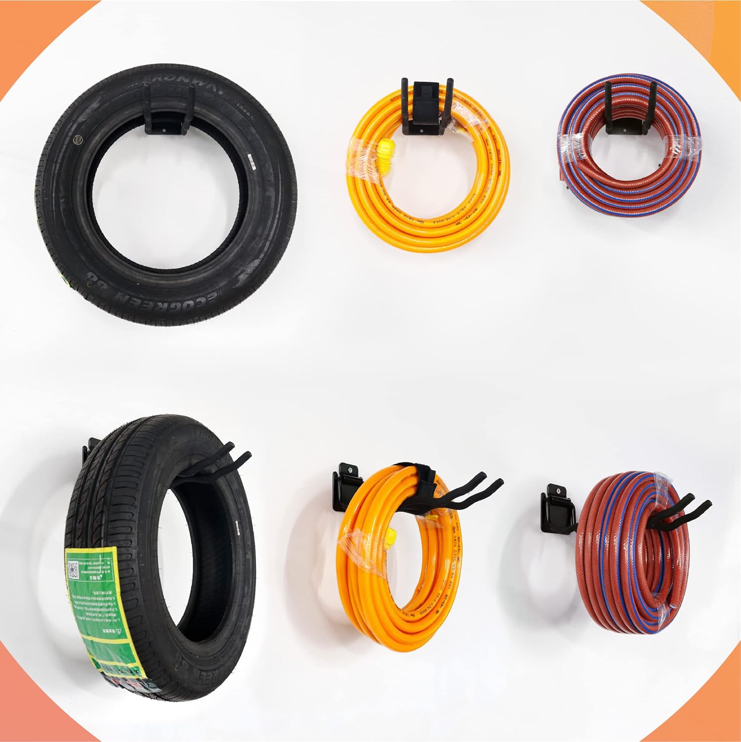 This image showcases a variety of Huhole-branded hoses and electrical cords displayed on an orange background. The items include different colors and sizes of hoses and cables, all featuring the Huhole branding, suggesting these are part of the company's product line of accessories and supplies.