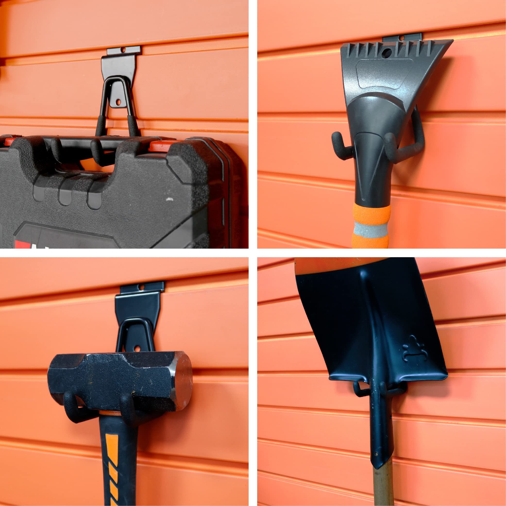 This image showcases the diverse range of hook designs included in the versatile garage storage system. It highlights the variety of hook shapes and sizes, such as L-shaped, dual-pronged, angled, and flat rectangular hooks, allowing users to tailor the setup to their specific storage needs and the items they need to organize in their garage or workshop.