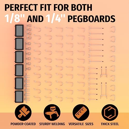 This image highlights the versatility of a pegboard accessory system that is compatible with both 1/8-inch and 1/4-inch pegboards. The key features include a powder-coated finish, sturdy welding, versatile sizes, and thick steel construction, making it a durable and adaptable storage solution for various workshop, garage, and home organization needs.