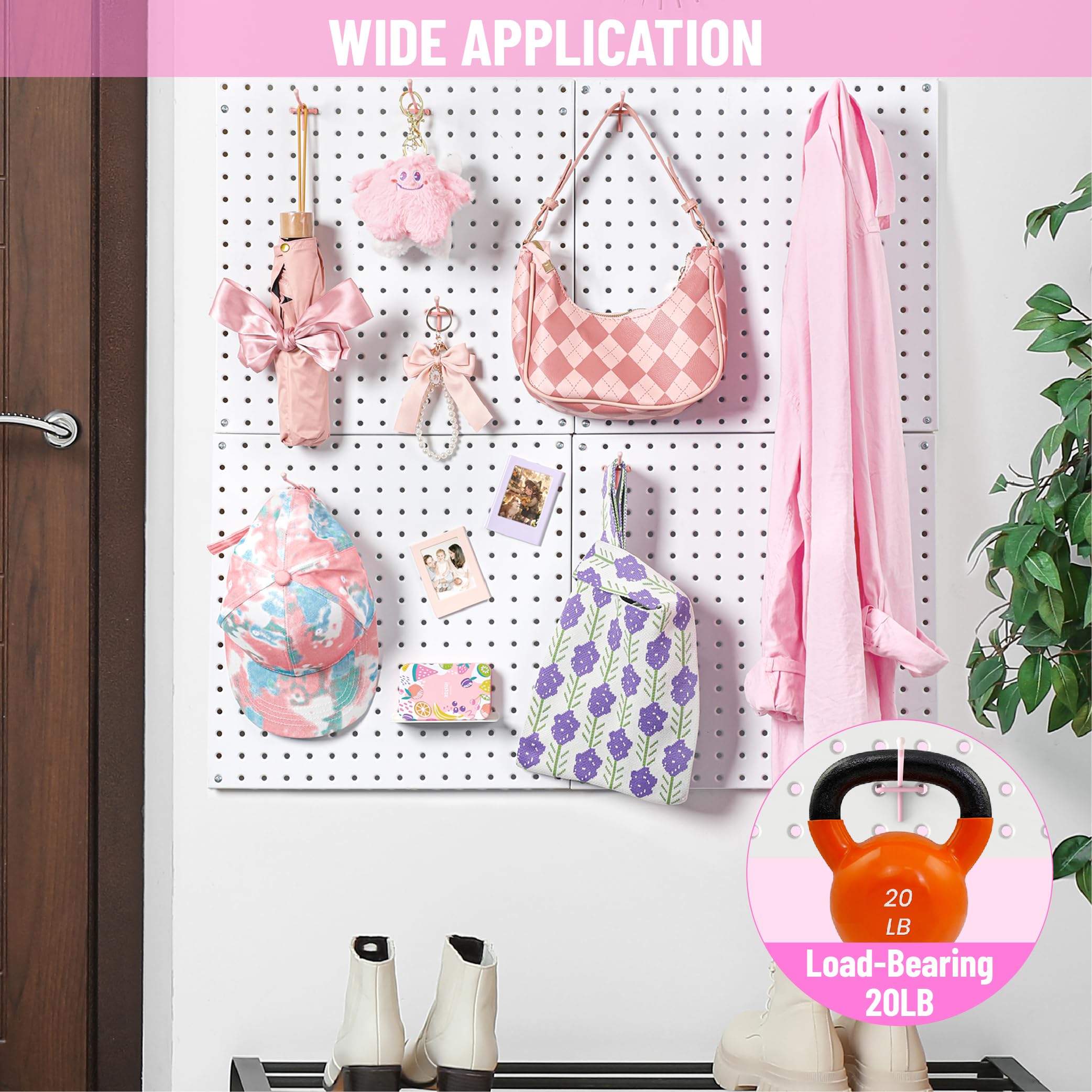 This image depicts a pegboard display featuring a wide range of decorative items, including plush toys, bags, and other accessories, all in a pastel color scheme with floral and geometric patterns. The pegboard is labeled as having "Wide Application" and a 20-pound load-bearing capacity, indicating its versatility and durability for various storage and organizational needs.