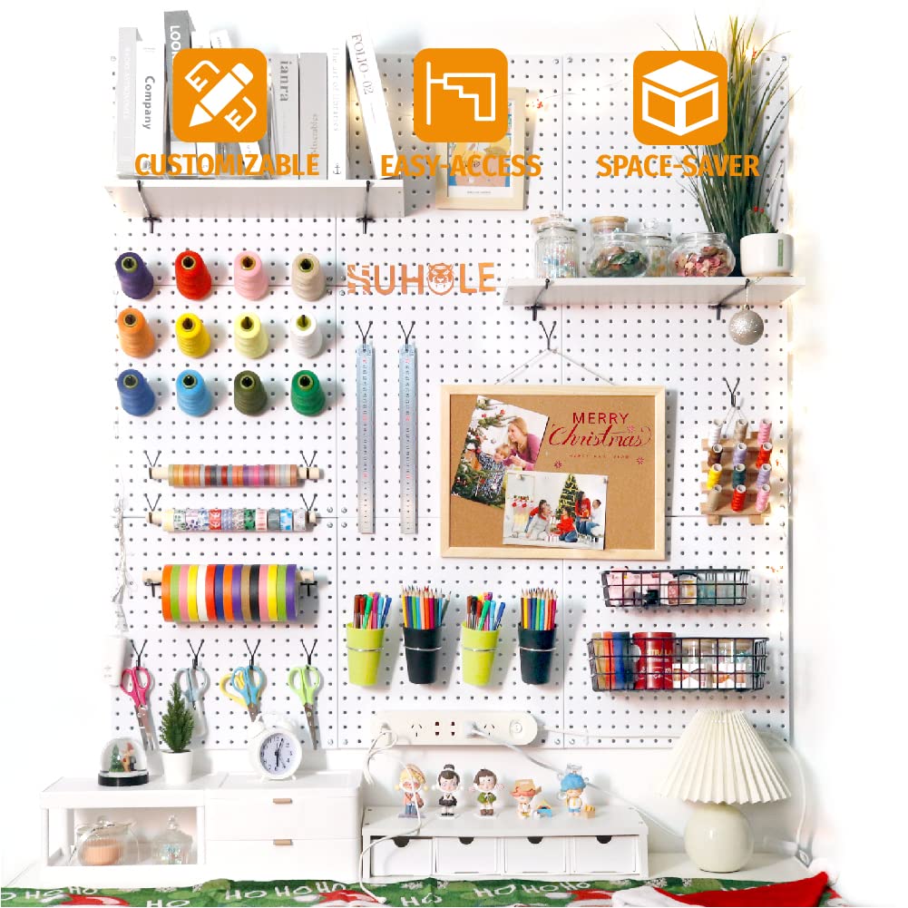 This image depicts a comprehensive and well-organized crafting and storage space utilizing the Huhole storage system. The image showcases the versatility and customizability of the Huhole hooks and accessories as they are used to neatly arrange and display a wide variety of craft supplies, tools, and decorative items.