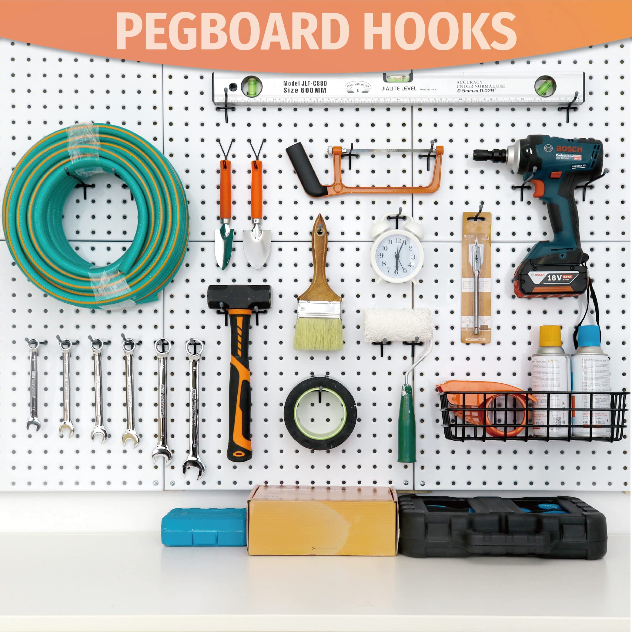 This image shows a comprehensive pegboard display filled with a wide range of tools and organizational accessories. The pegboard is efficiently arranged, with each item having a dedicated hook or space, creating a visually appealing and functional storage solution for a workshop, garage, or home.