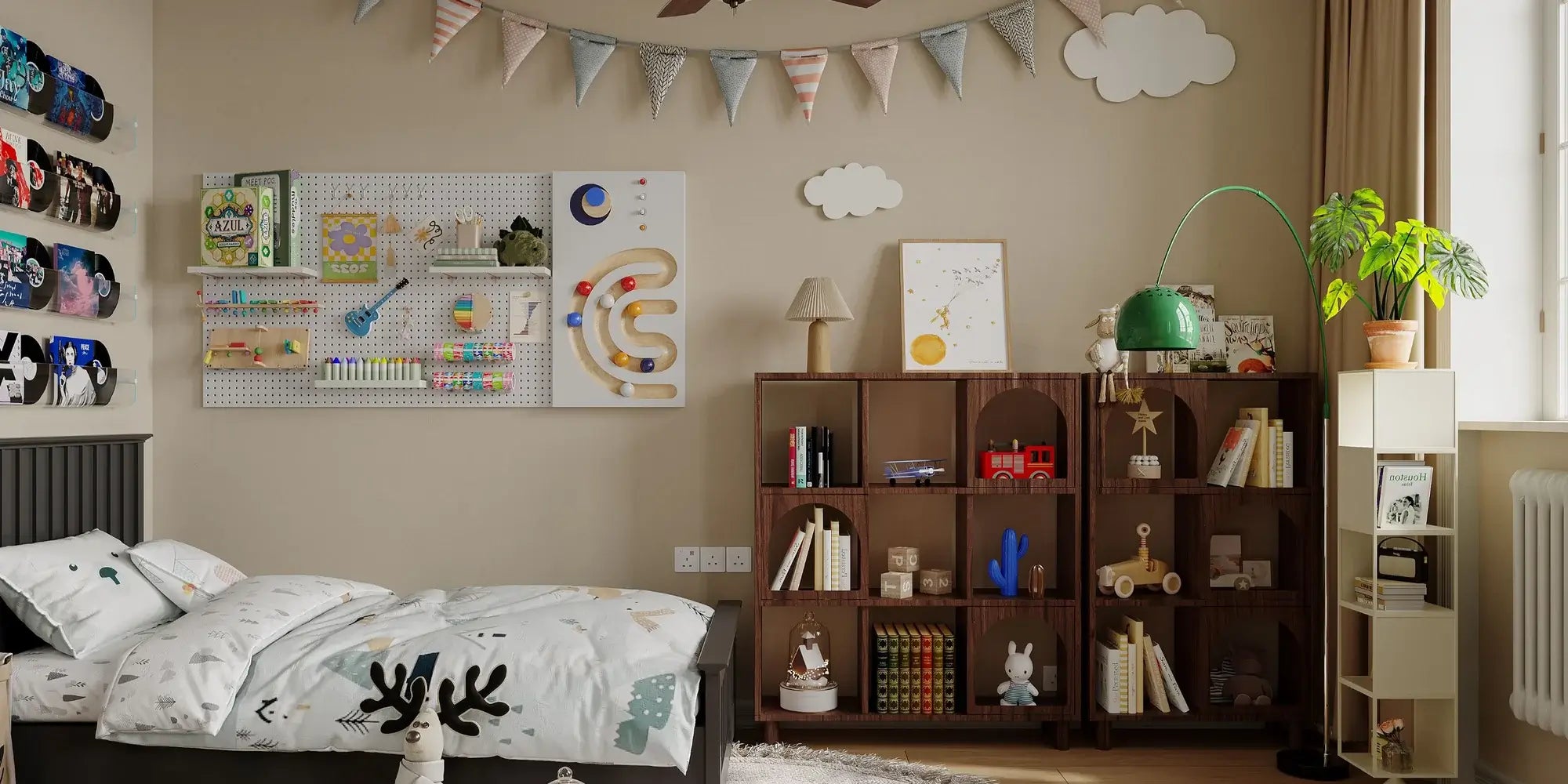 Pegboard hooks wall organizer in kids room for toys, books and creative storage