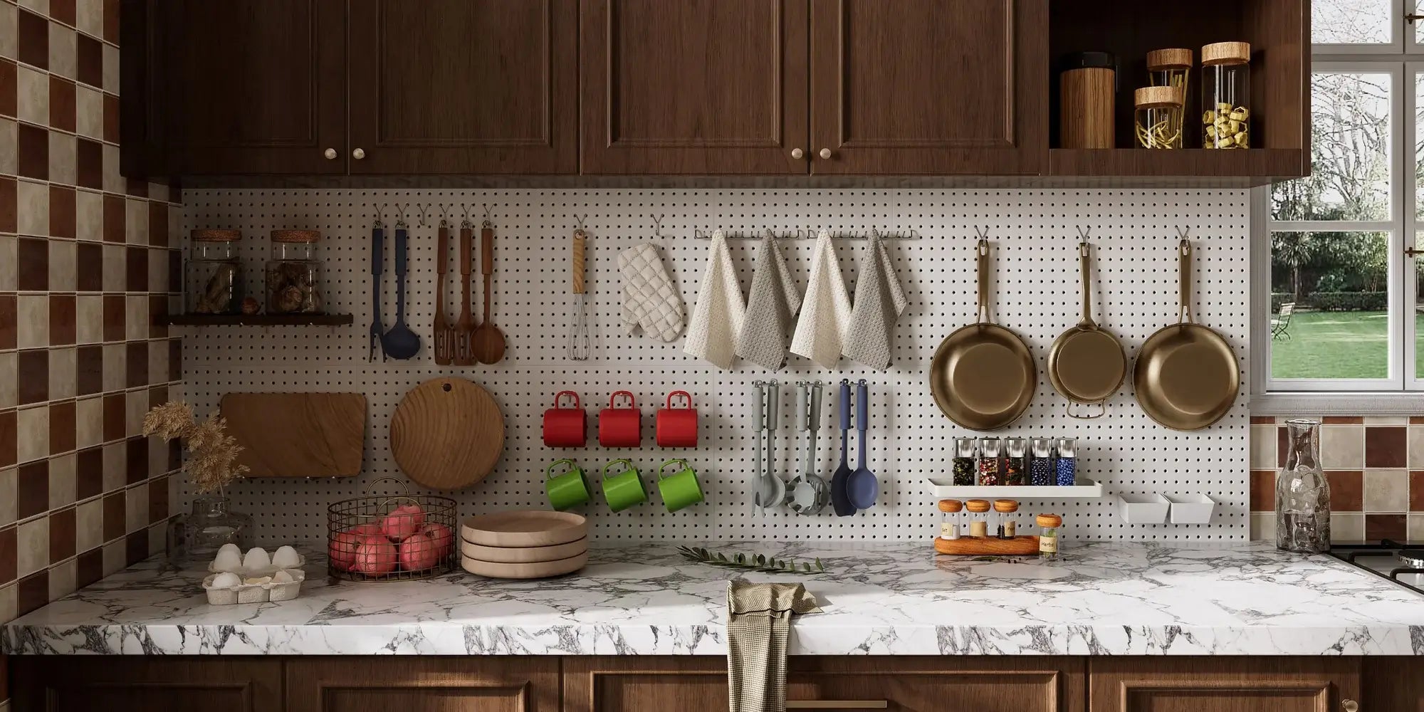 Kitchen pegboard hooks organizing pans, utensils, towels and mugs for wall storage