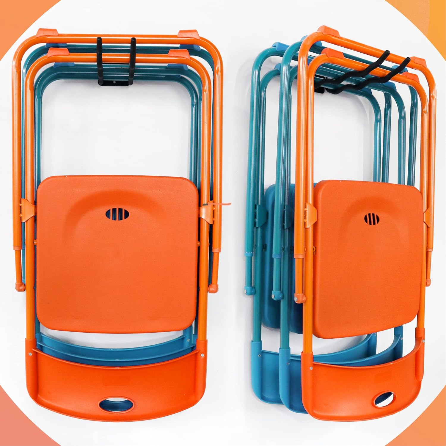 This image displays multiple Huhole-branded folding stools. The stools have an orange and teal color scheme, and the Huhole logo is clearly visible on the seats. The stools appear to be designed for portability and convenience, likely intended for use in workshops, garages, or other work environments.