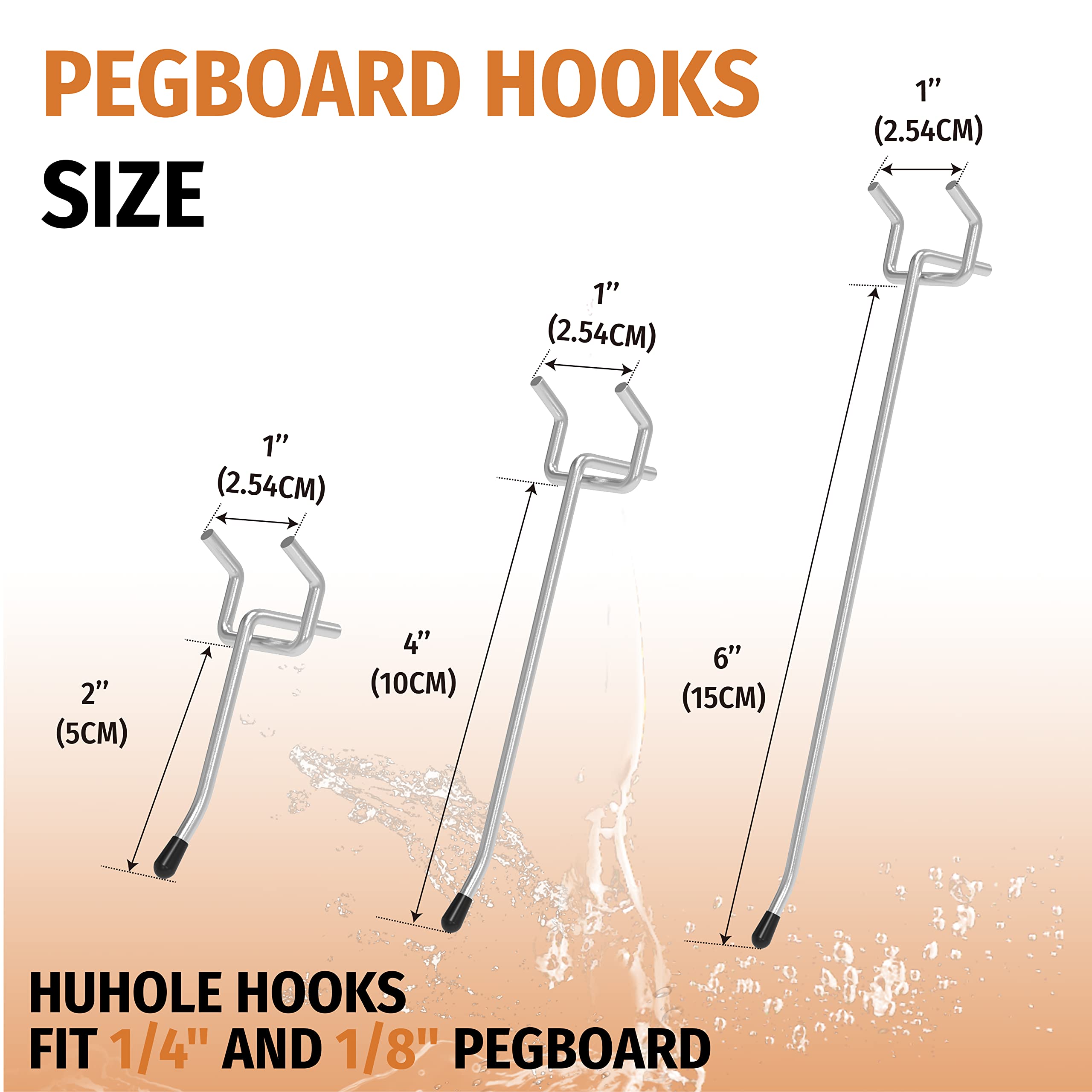 A product image showing the different sizes of pegboard hooks, including measurements in inches and centimeters.