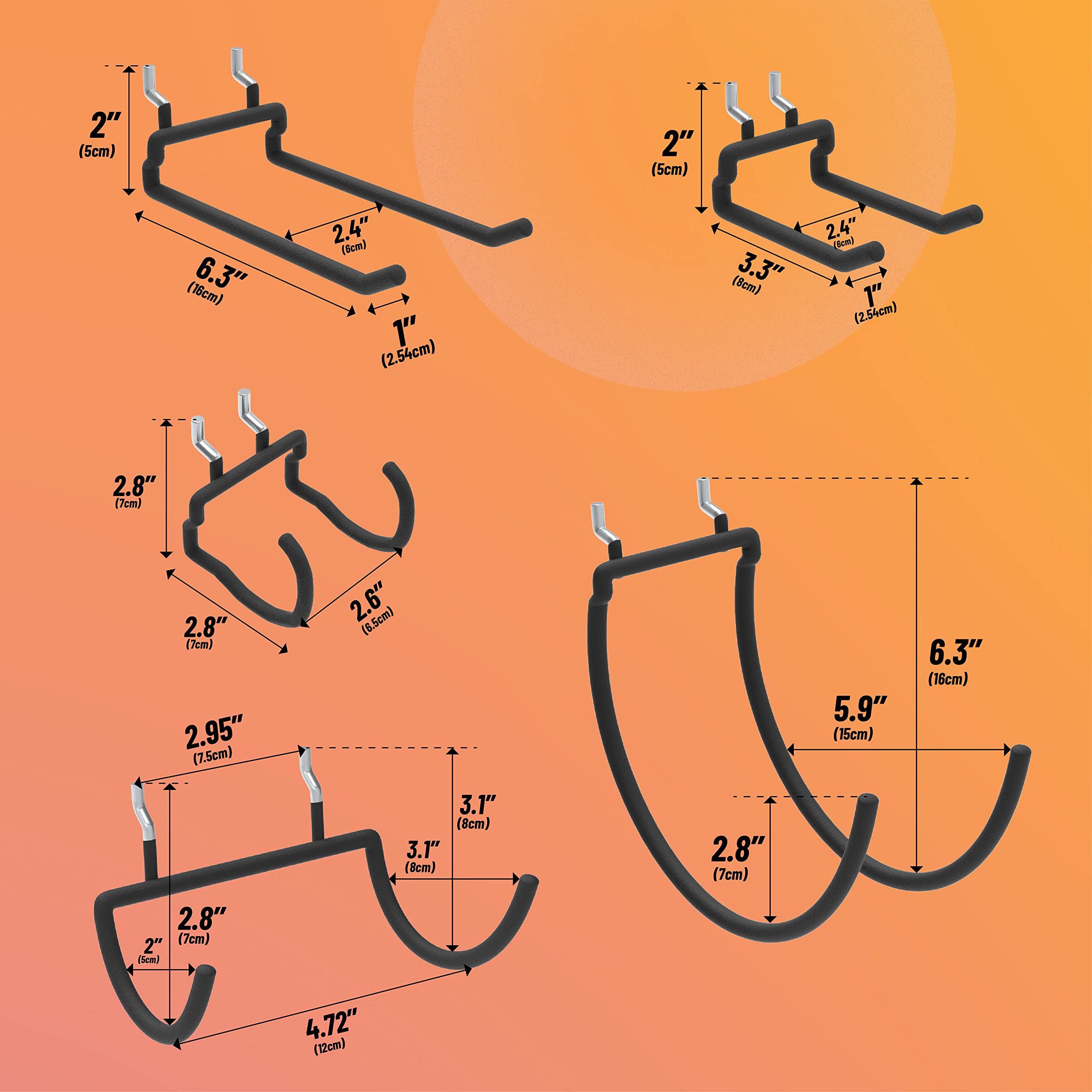 This image provides detailed dimensional drawings and specifications for various models of Huhole pegboard hooks. The measurements show the length, height, width, and other key size details for the different hook designs, allowing users to understand the physical properties of these storage solutions.