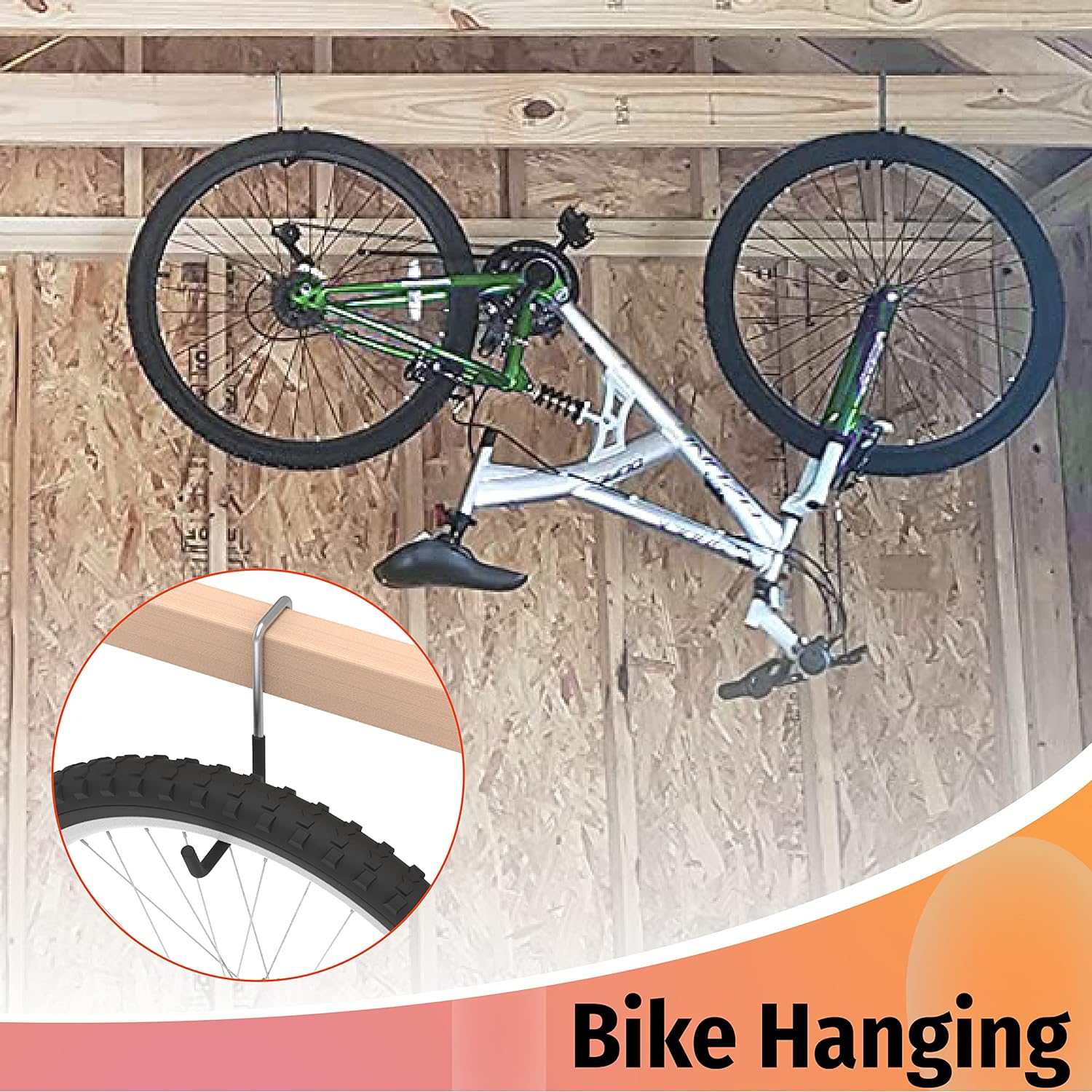 This image showcases Huhole's bike hanging hooks, which are designed to securely store bicycles in a garage or storage space. The image shows a white-framed bicycle suspended from a pair of sturdy hooks mounted on the wall. The hooks feature a protective rubber coating to prevent damage to the bike's frame. This solution allows for efficient and space-saving storage of bicycles, helping to keep garages and workshops organized and clutter-free.