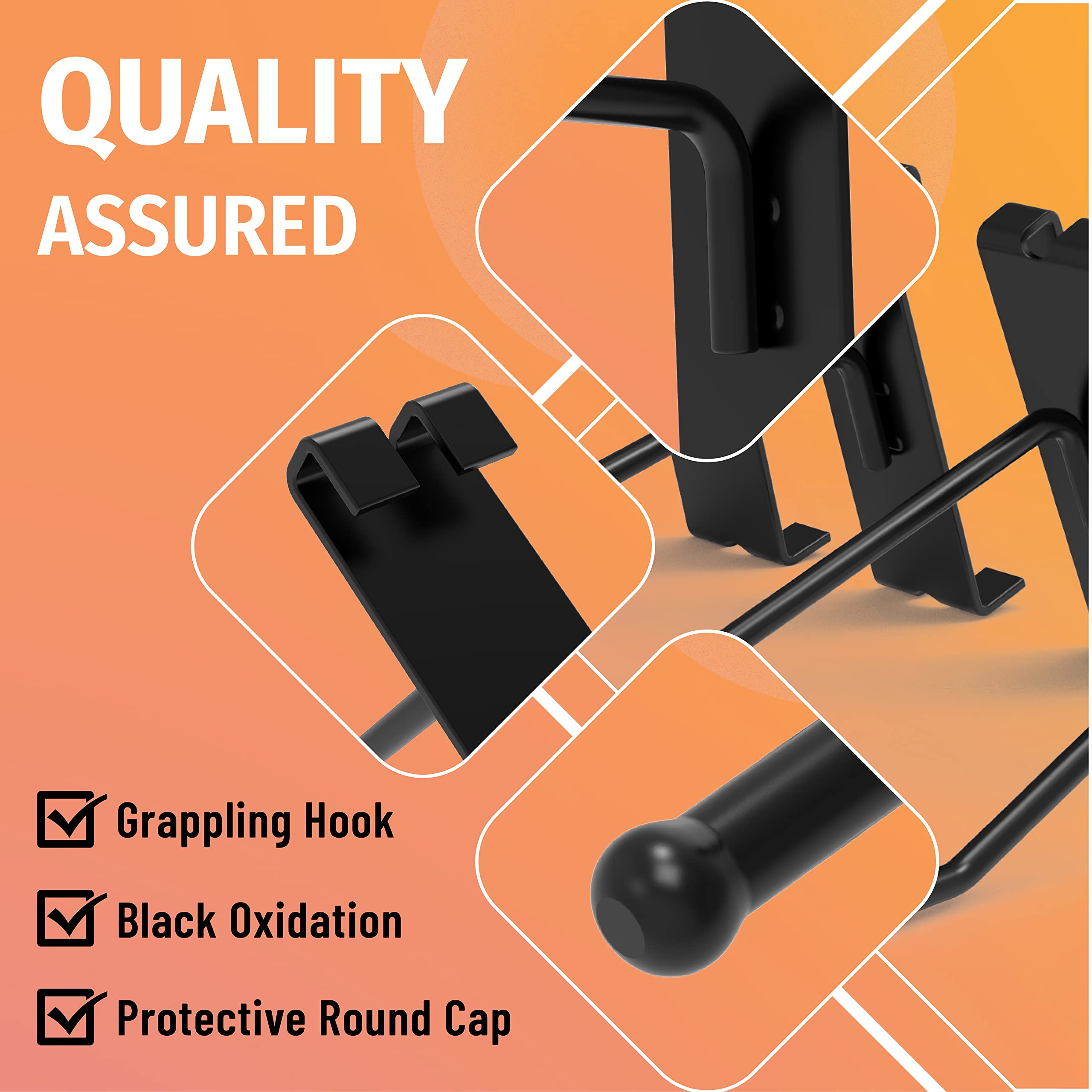 This image highlights the key quality features of a set of premium gridwall hooks:  Grappling hook design for secure and stable hanging Black oxidation finish for a durable, high-quality appearance Protective round cap to prevent damage to items or surfaces