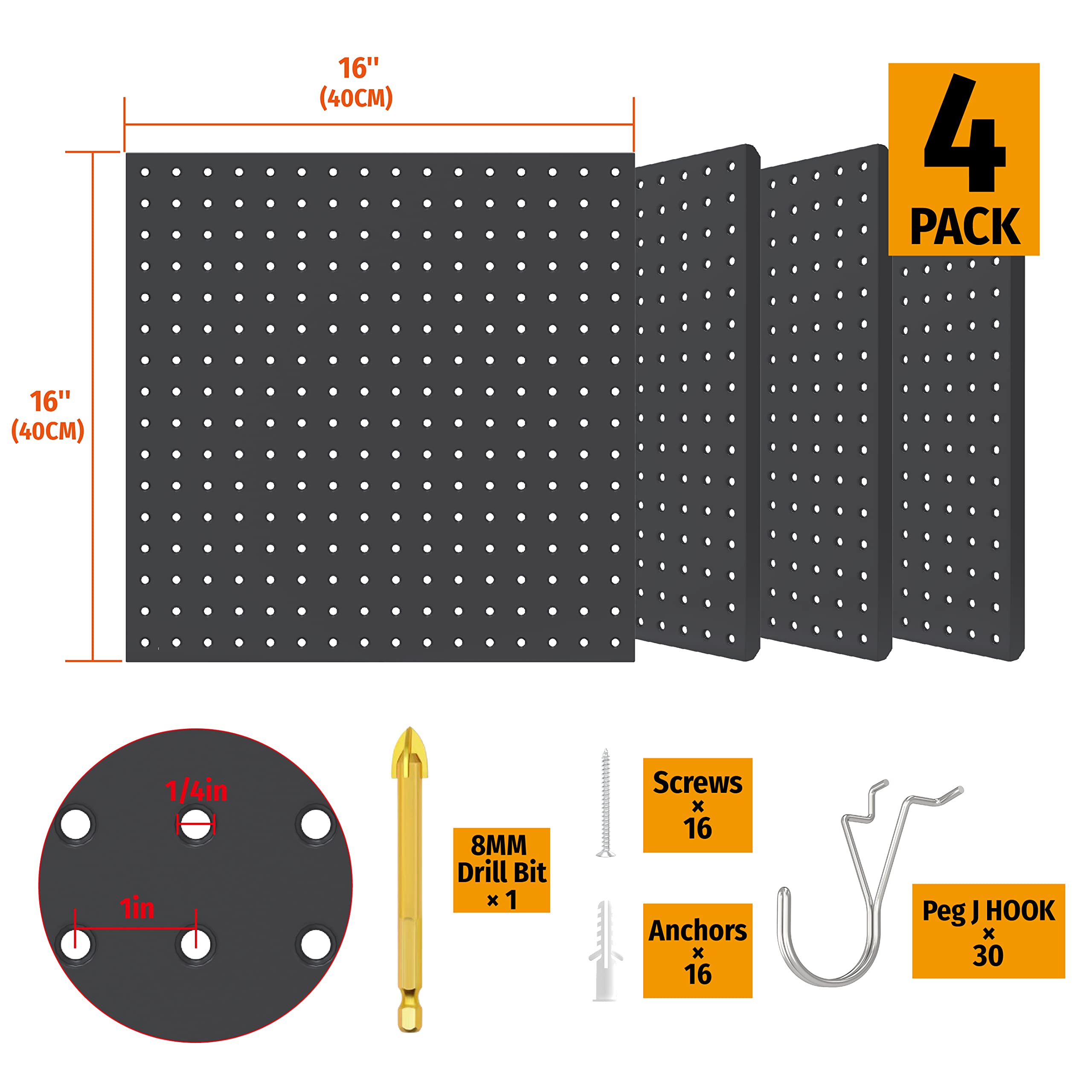 This image depicts a set of four Huhole pegboards, each measuring 16 inches by 16 inches. The pegboards are designed to provide a flexible and customizable storage solution, allowing users to organize and display a wide range of items.